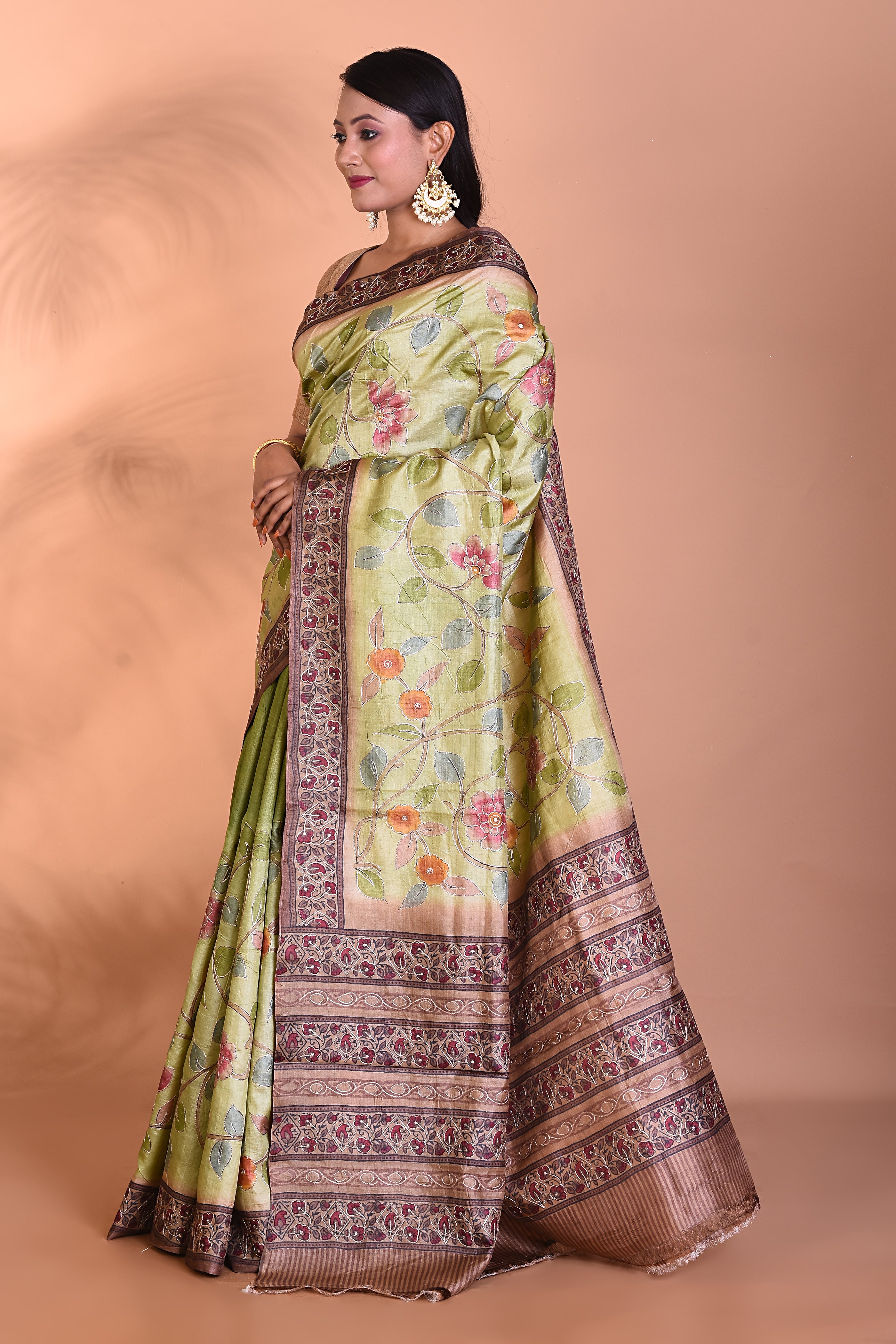 Pure Green Tussar Silk Saree - Keya Seth Exclusive