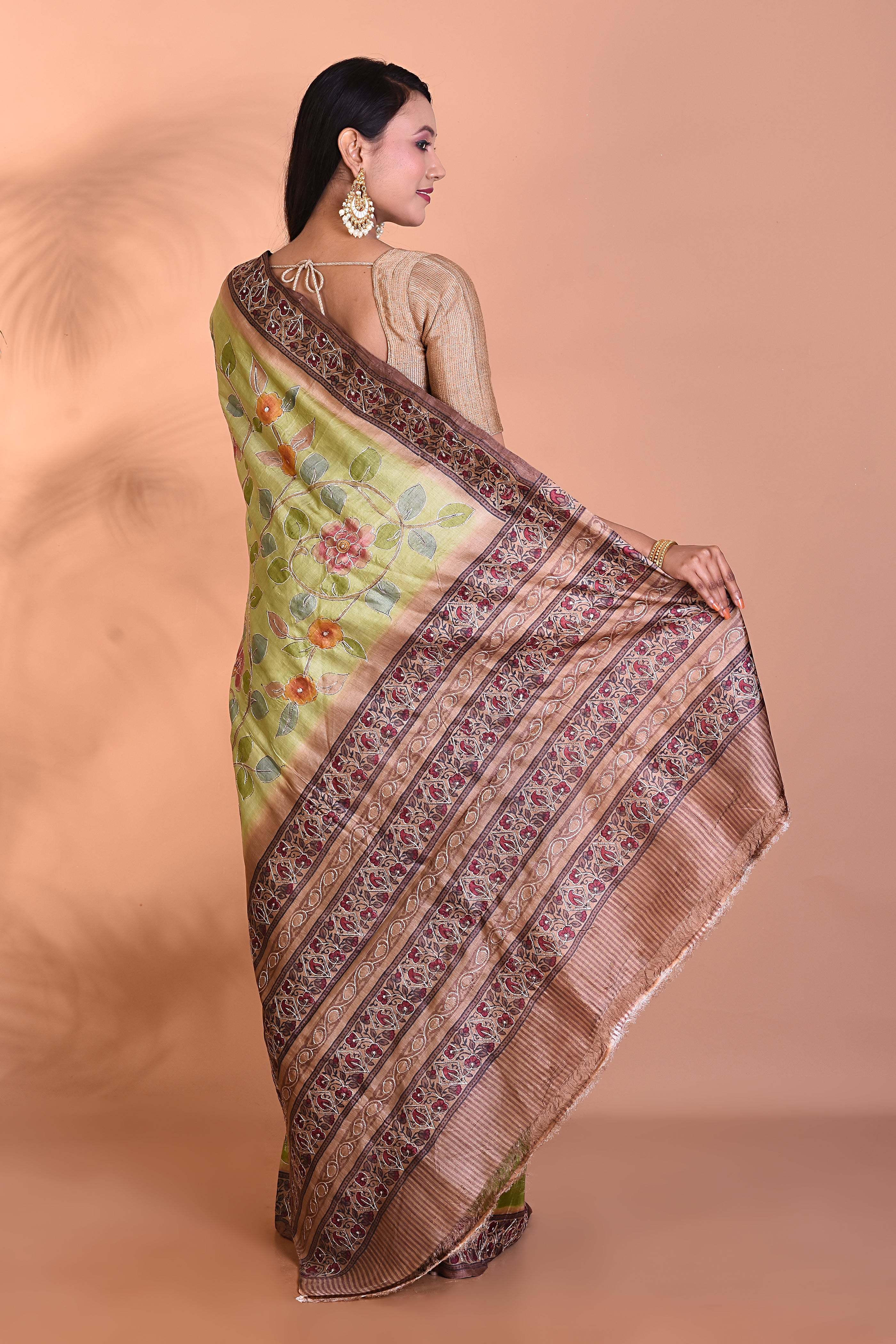 Pure Green Tussar Silk Saree - Keya Seth Exclusive