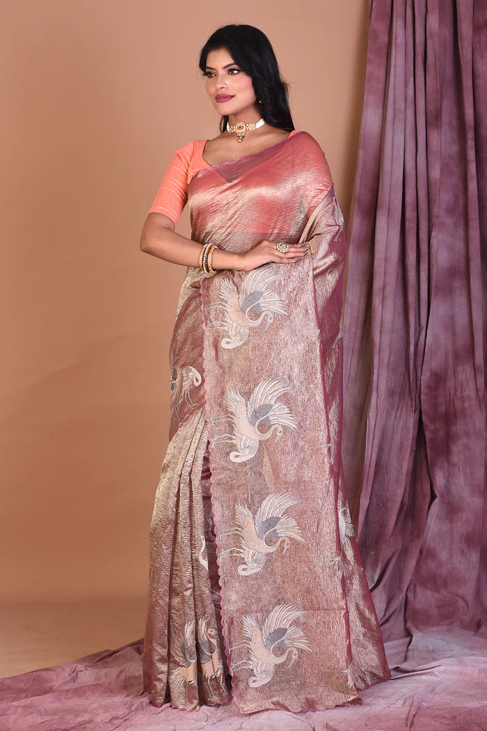 Pink Crushed Tissue Saree with Golden Zari - Keya Seth Exclusive