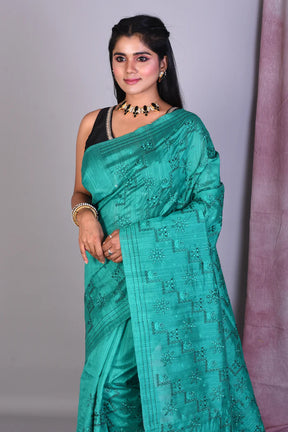 Rama Green Blended Silk Saree with Threadwork - Keya Seth Exclusive