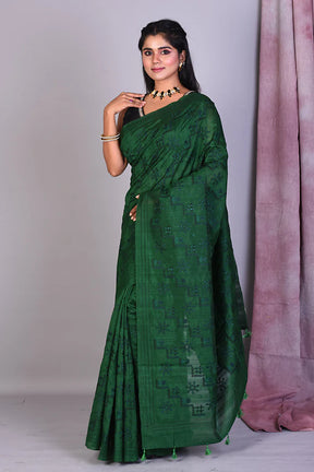 Deep Green Blended Silk Saree with Threadwork - Keya Seth Exclusive