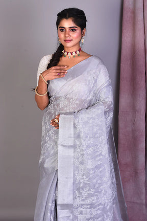 Grey Blended Silk Saree with ThreadWorks - Keya Seth Exclusive