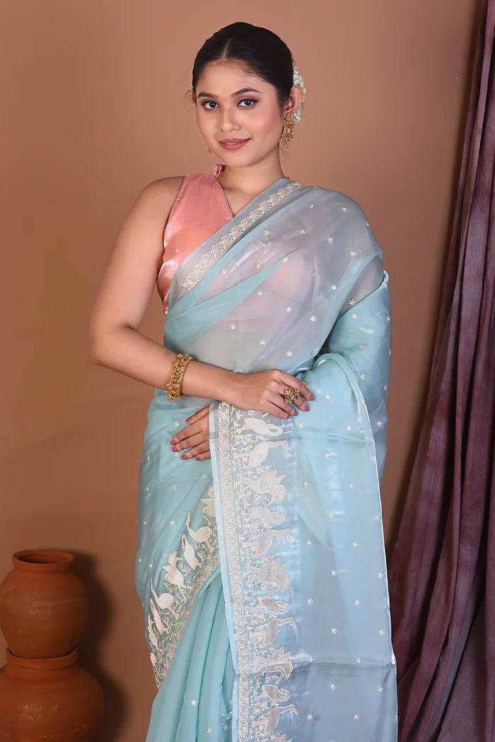 Sky Blue Blended Organza Saree - Keya Seth Exclusive