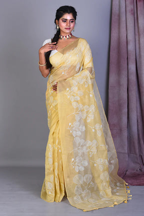 Light Yellow Blended Organza Saree with ThreadWorks - Keya Seth Exclusive