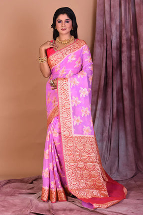 Lavender Floral Soft Georgette Saree with Pink Borders - Keya Seth Exclusive