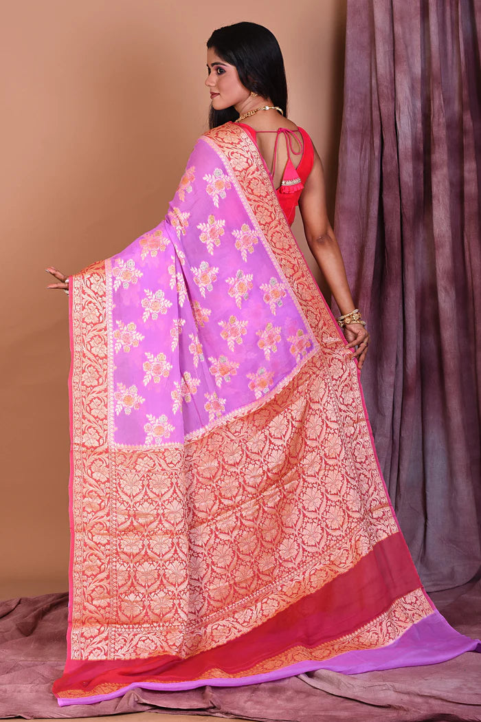 Lavender Floral Soft Georgette Saree with Pink Borders - Keya Seth Exclusive