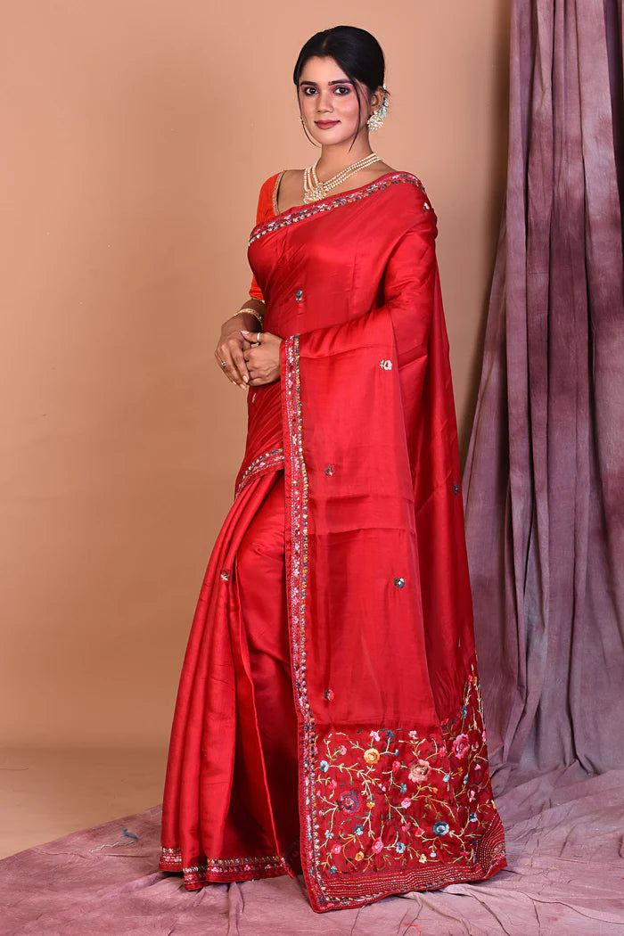Maroon Satin Silk Saree with Threadwork - Keya Seth Exclusive