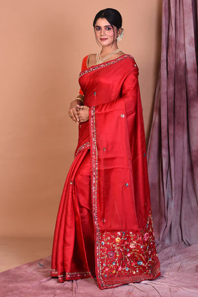 Maroon Satin Silk Saree with Threadwork - Keya Seth Exclusive