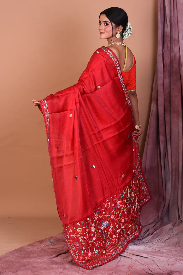 Maroon Satin Silk Saree with Threadwork - Keya Seth Exclusive