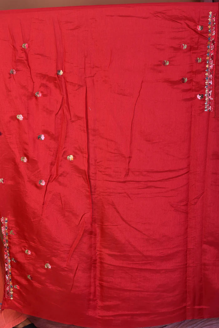 Maroon Satin Silk Saree with Threadwork - Keya Seth Exclusive