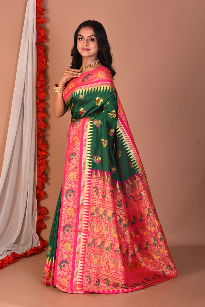 Bottle Green Blended Paithani Silk Saree - Keya Seth Exclusive