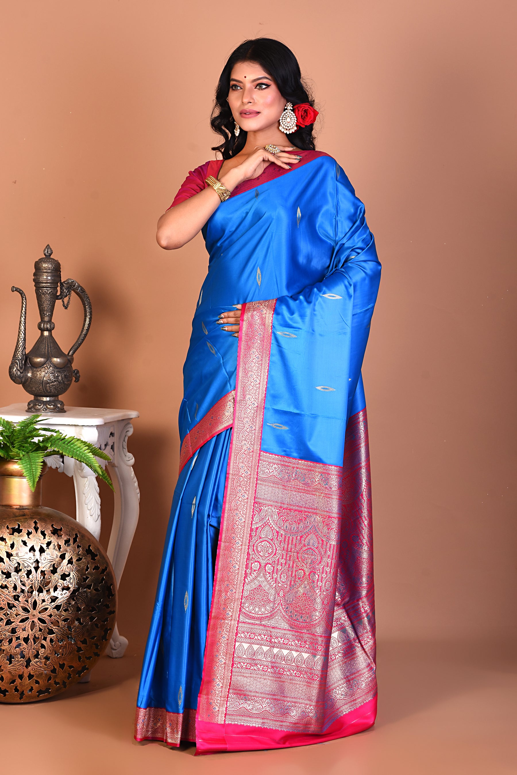 Blue Satin Silk Saree - Keya Seth Exclusive