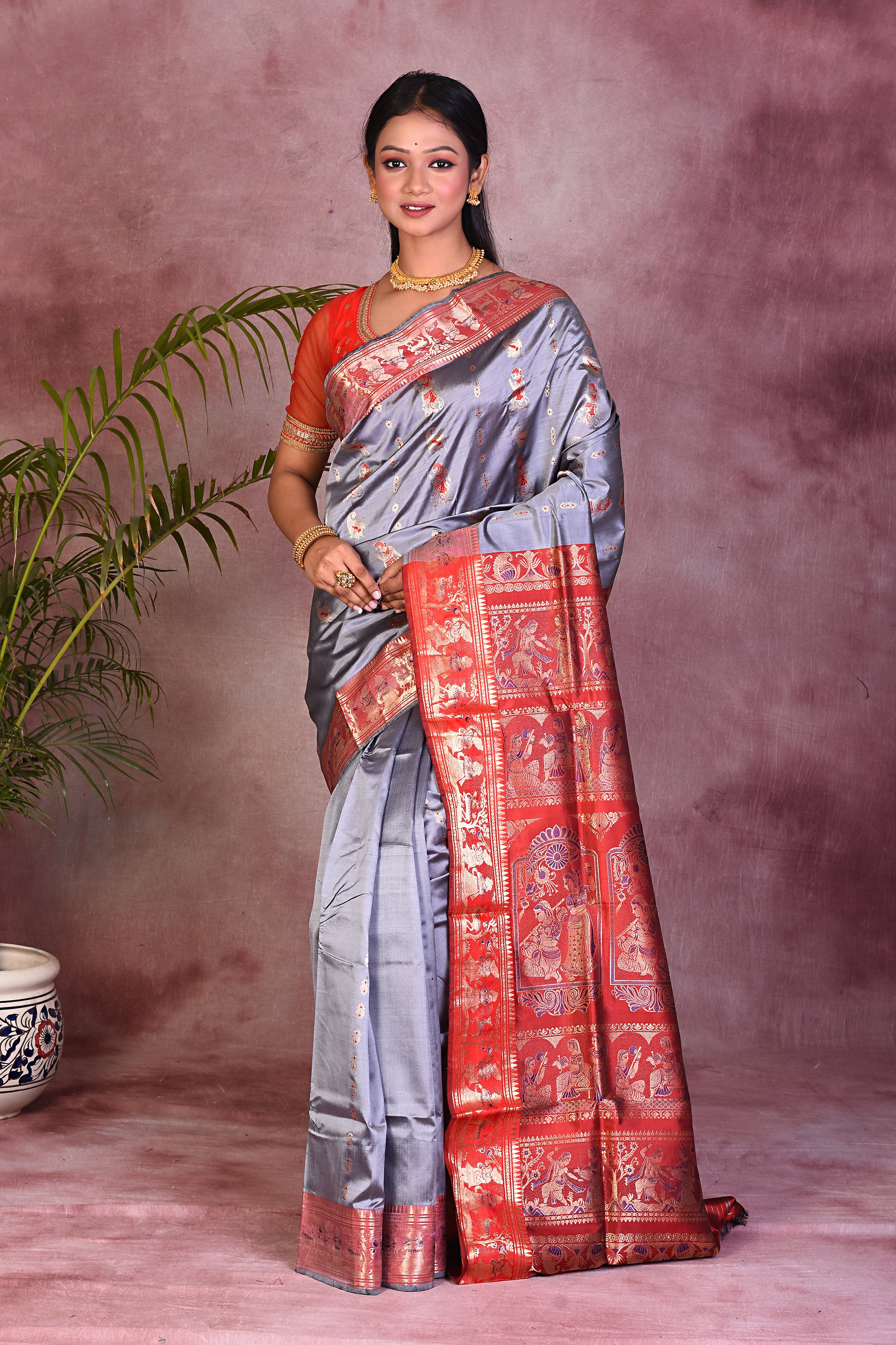 Elegant Grey Pure Baluchari Saree - Keya Seth Exclusive