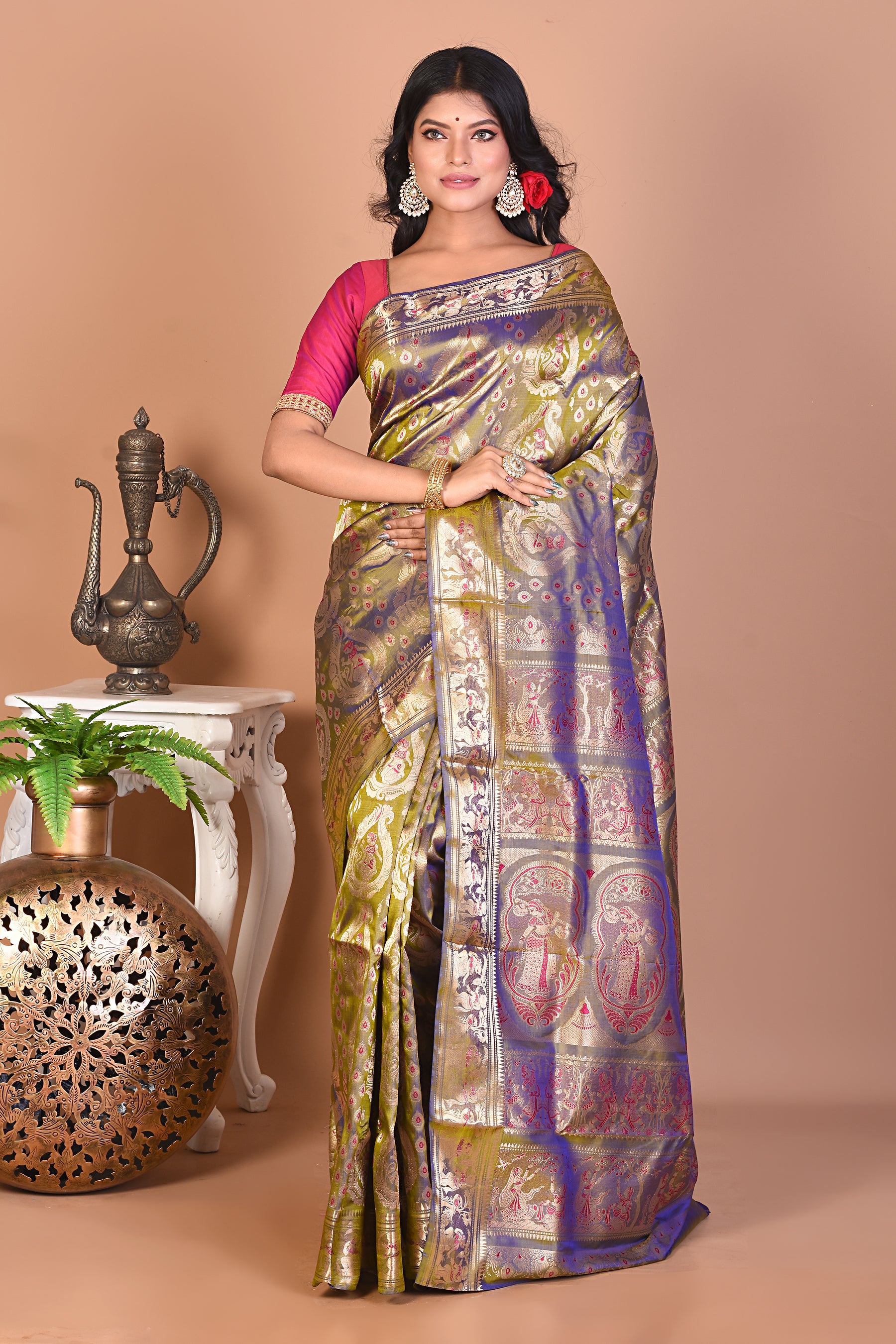 Elegant Olive Green Pure Baluchari Saree - Keya Seth Exclusive