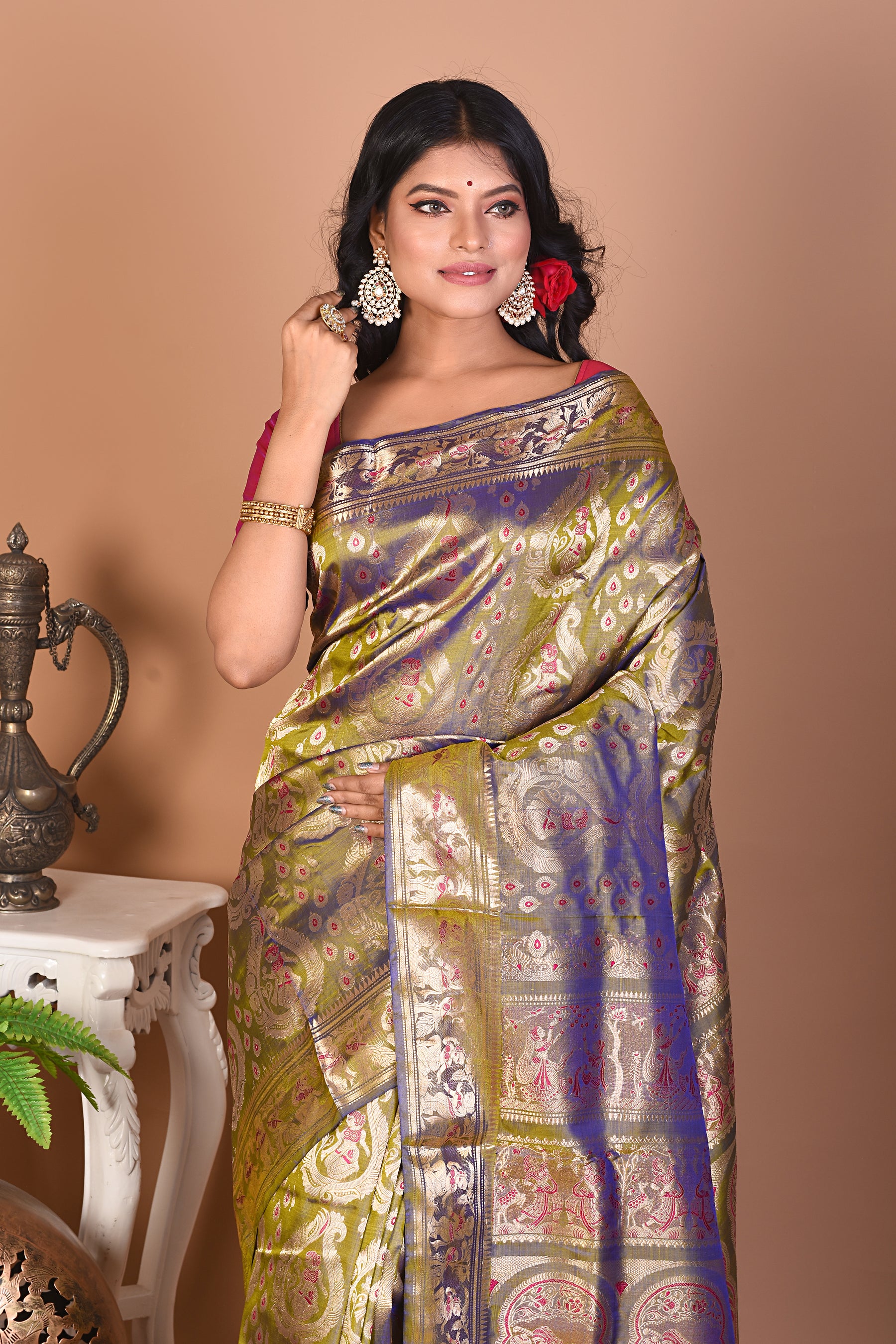 Elegant Olive Green Pure Baluchari Saree - Keya Seth Exclusive