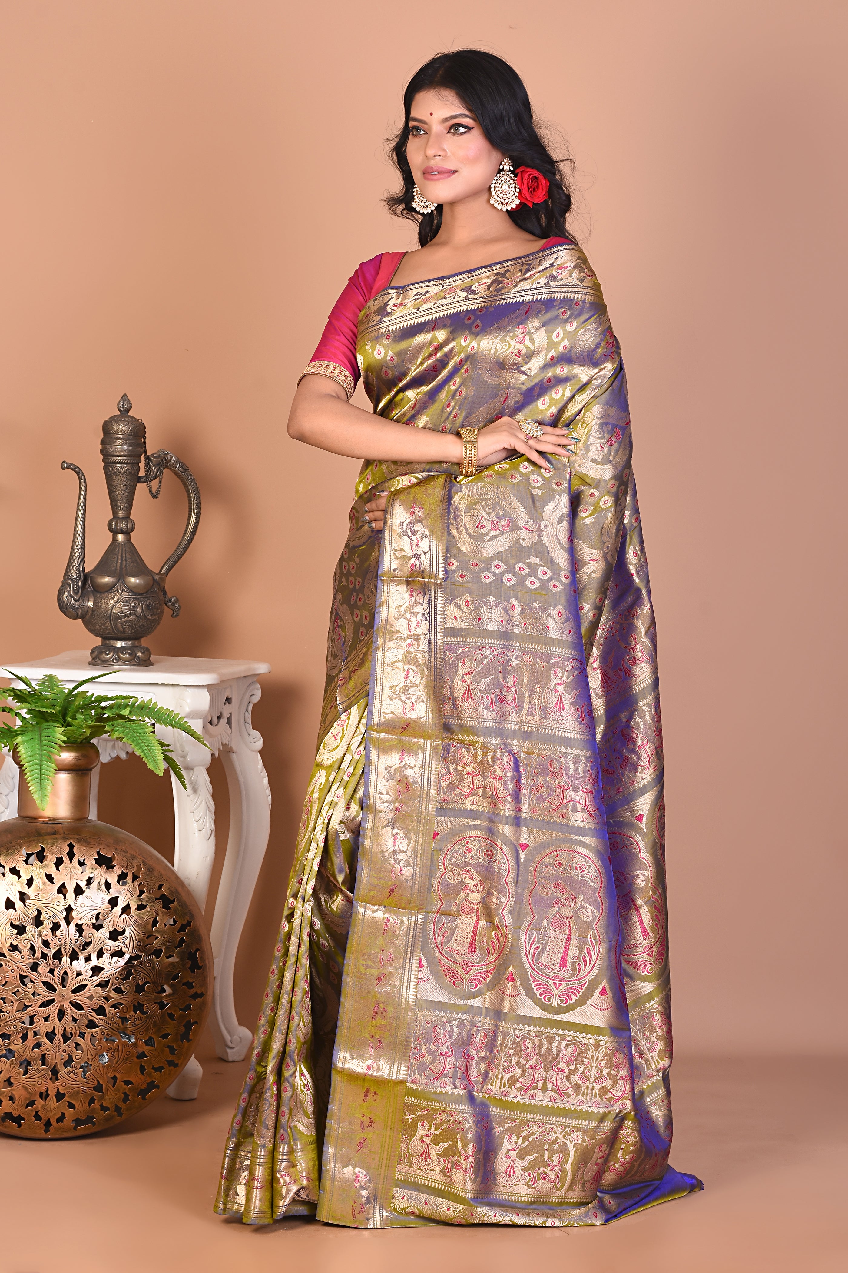 Elegant Olive Green Pure Baluchari Saree - Keya Seth Exclusive