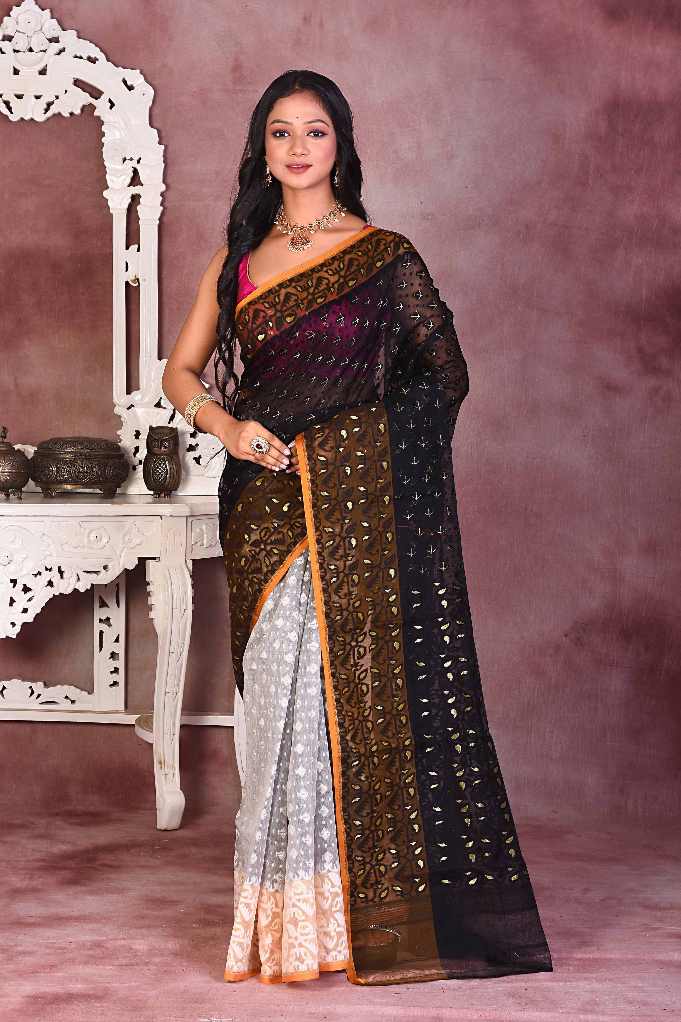 Black and Offwhite Soft Muslin Saree - Keya Seth Exclusive