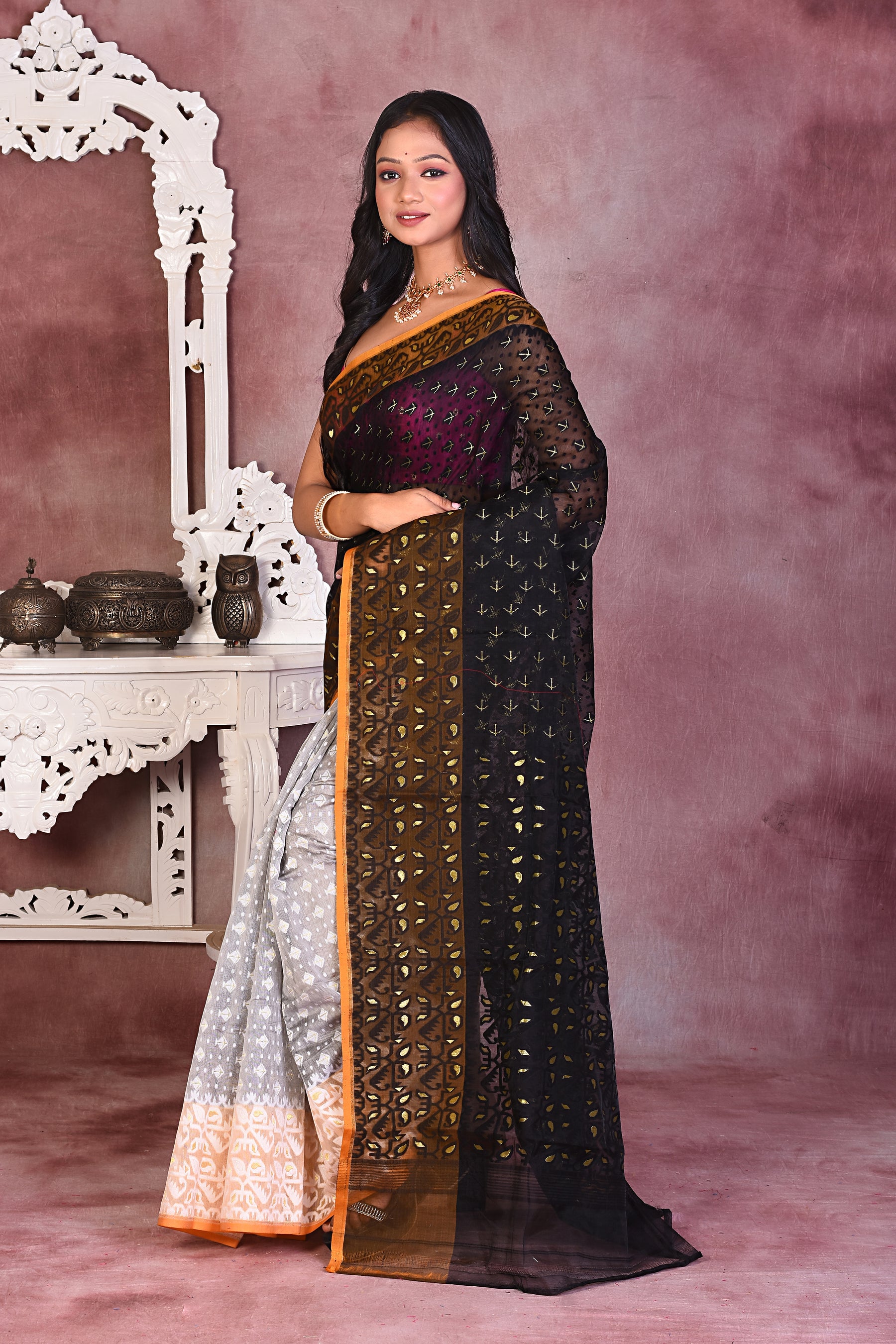 Black and Offwhite Soft Muslin Saree - Keya Seth Exclusive