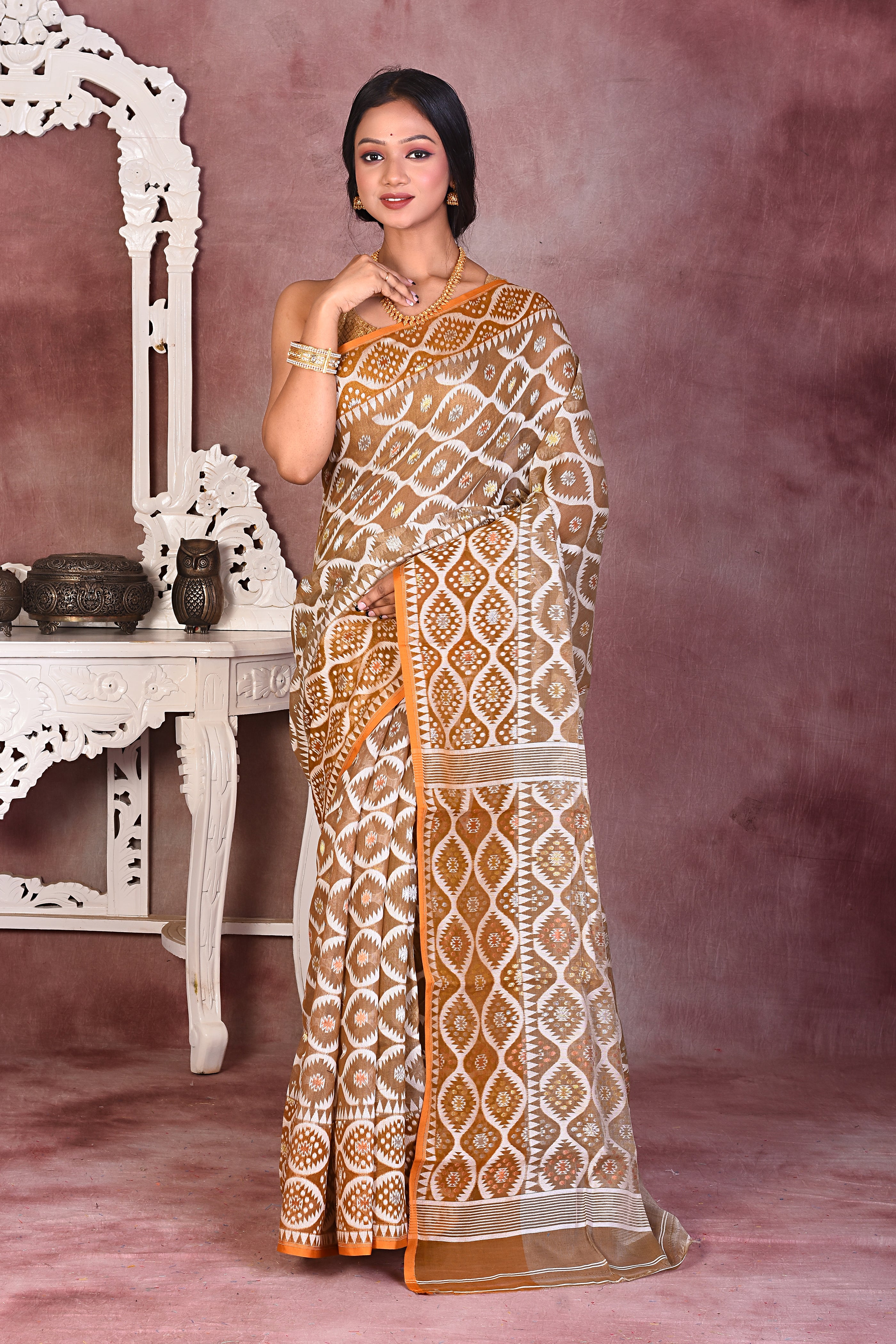 Elegant Brown Jamdani Saree - Keya Seth Exclusive