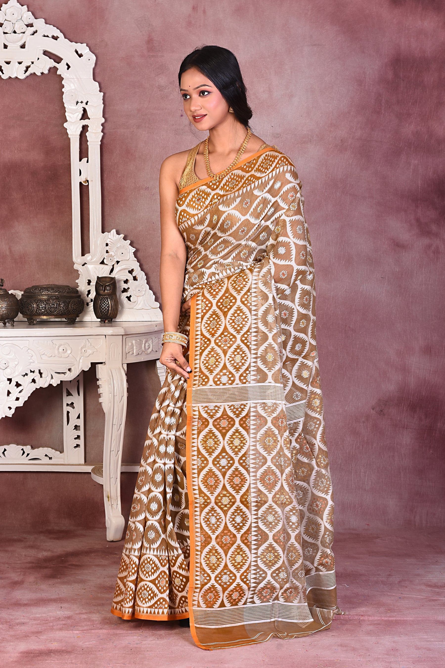 Elegant Brown Jamdani Saree - Keya Seth Exclusive