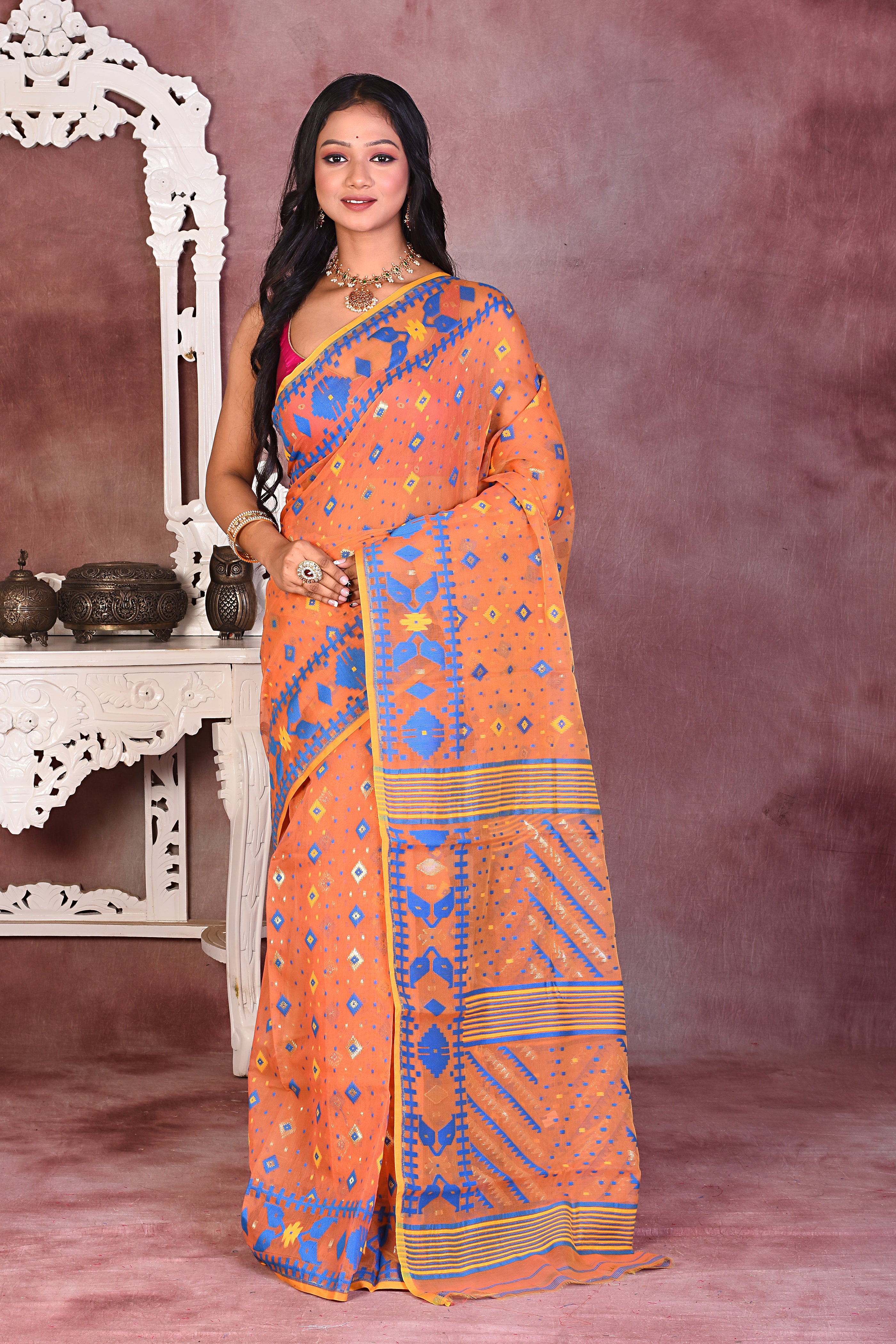 Orange Soft Jamdani Saree - Keya Seth Exclusive