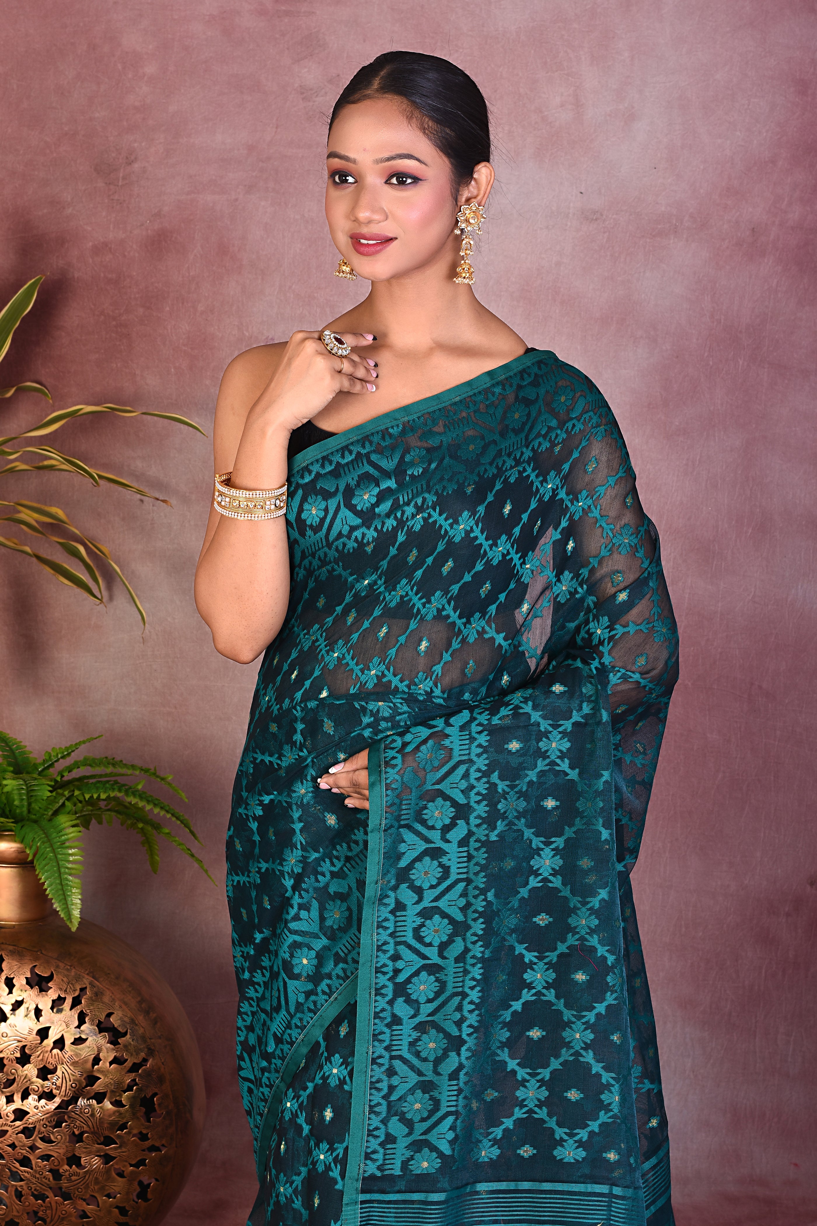 Bottle Green Jamdani Saree - Keya Seth Exclusive