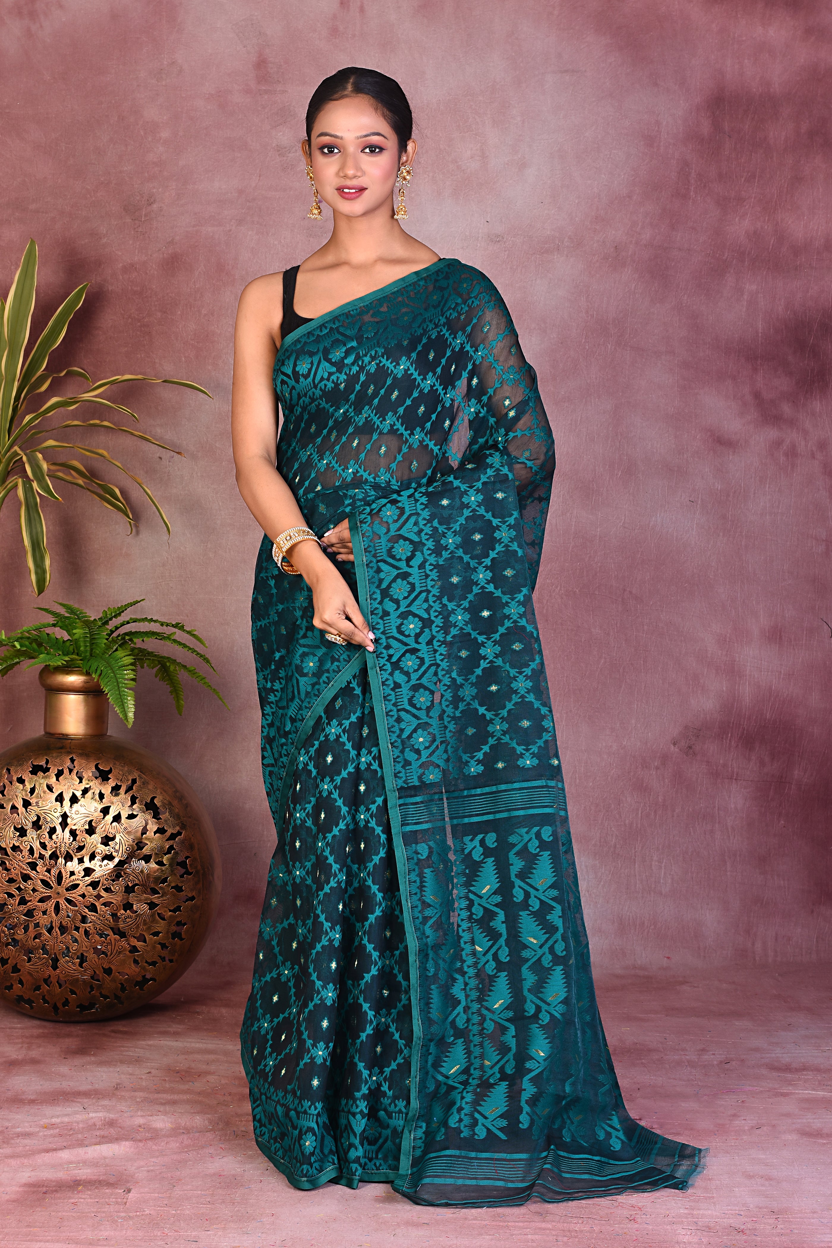 Bottle Green Jamdani Saree - Keya Seth Exclusive