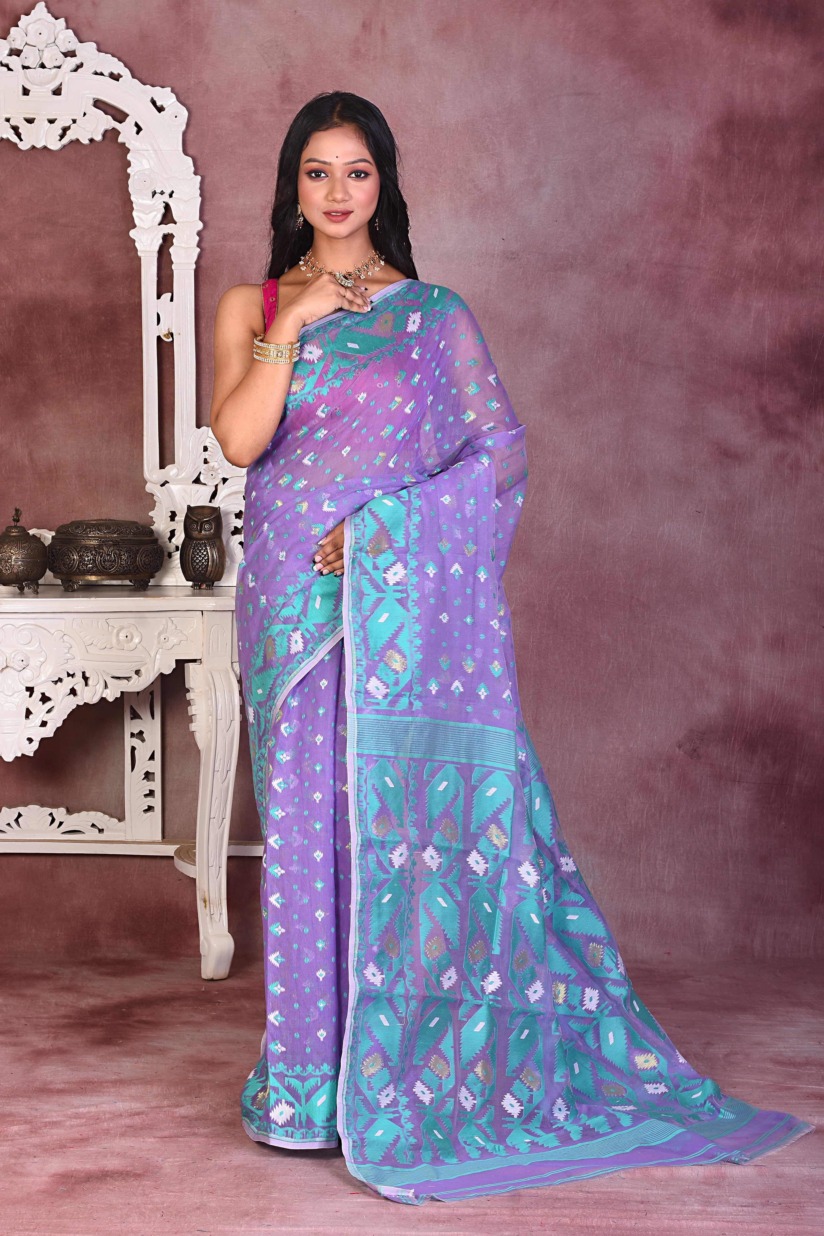 Purple & Green Soft Jamdani Saree - Keya Seth Exclusive