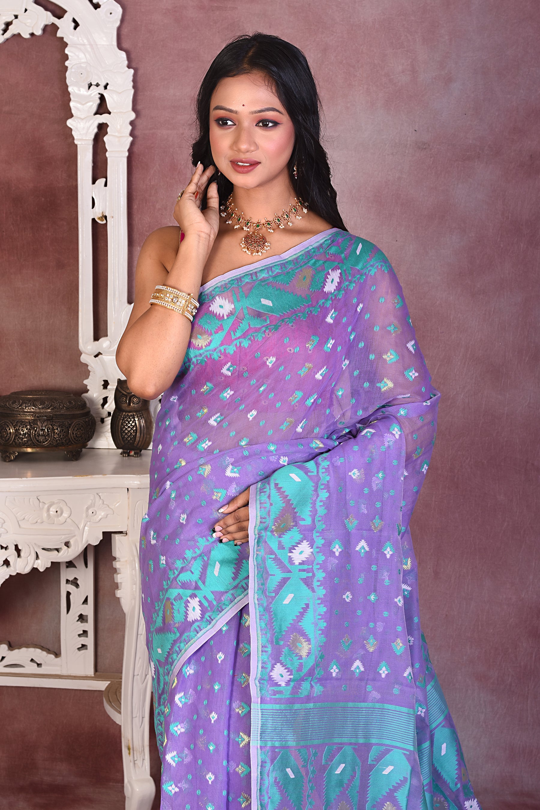 Purple & Green Soft Jamdani Saree - Keya Seth Exclusive