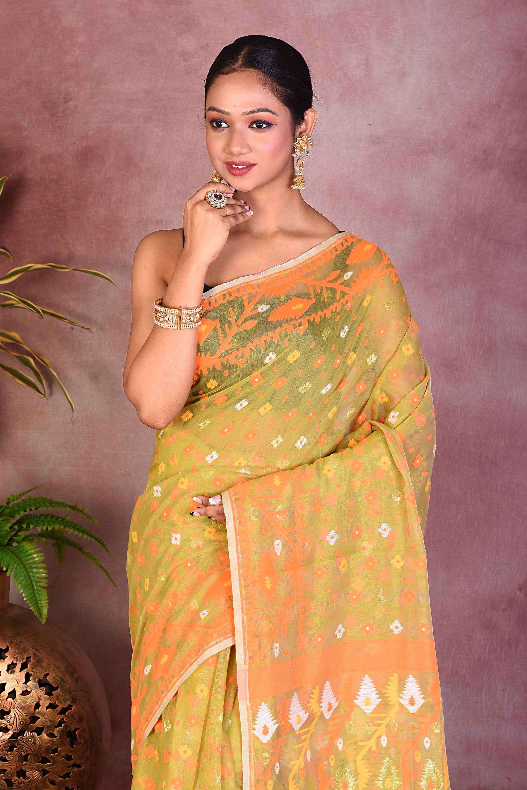 Olive Green Jamdani Saree - Keya Seth Exclusive