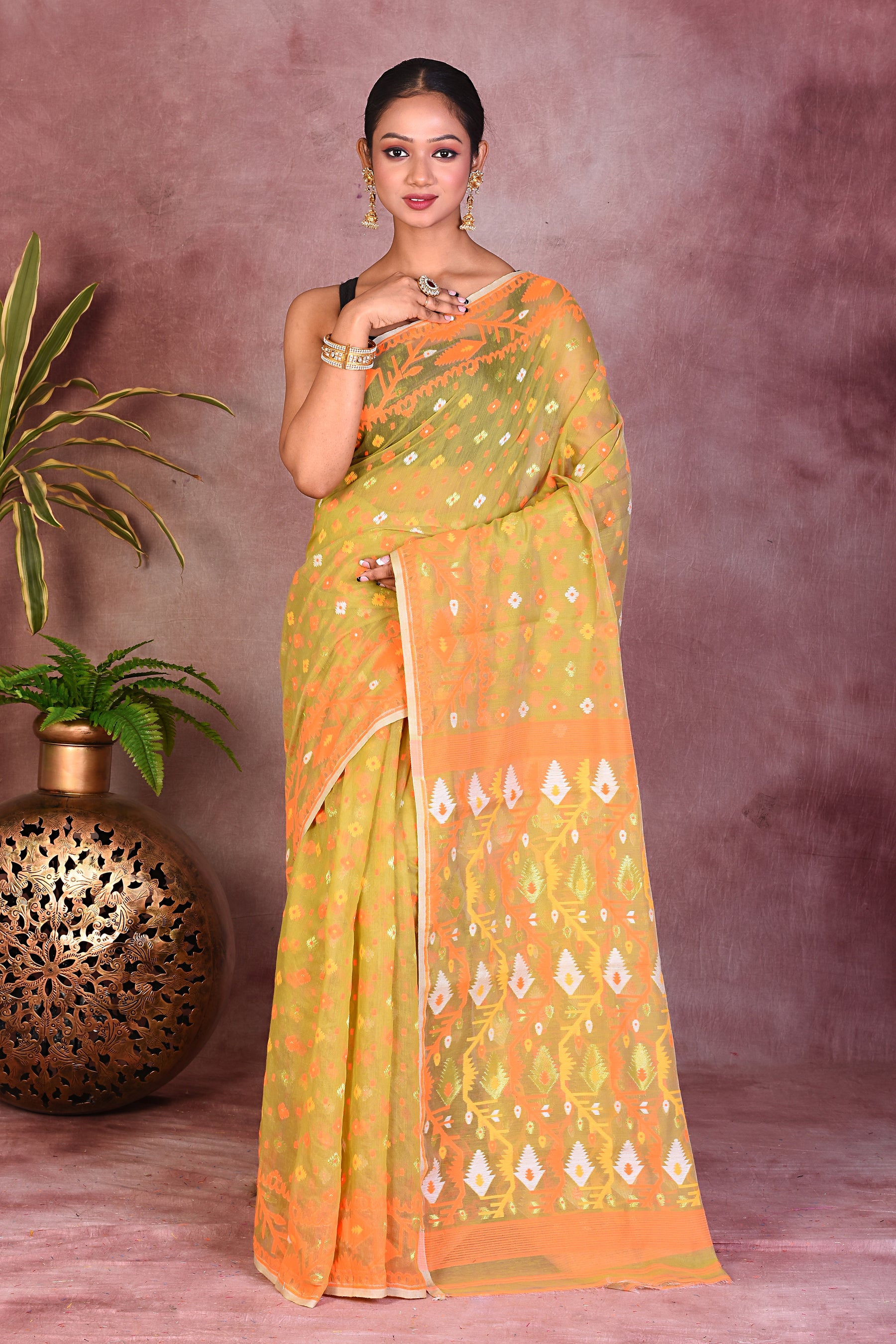 Olive Green Jamdani Saree - Keya Seth Exclusive