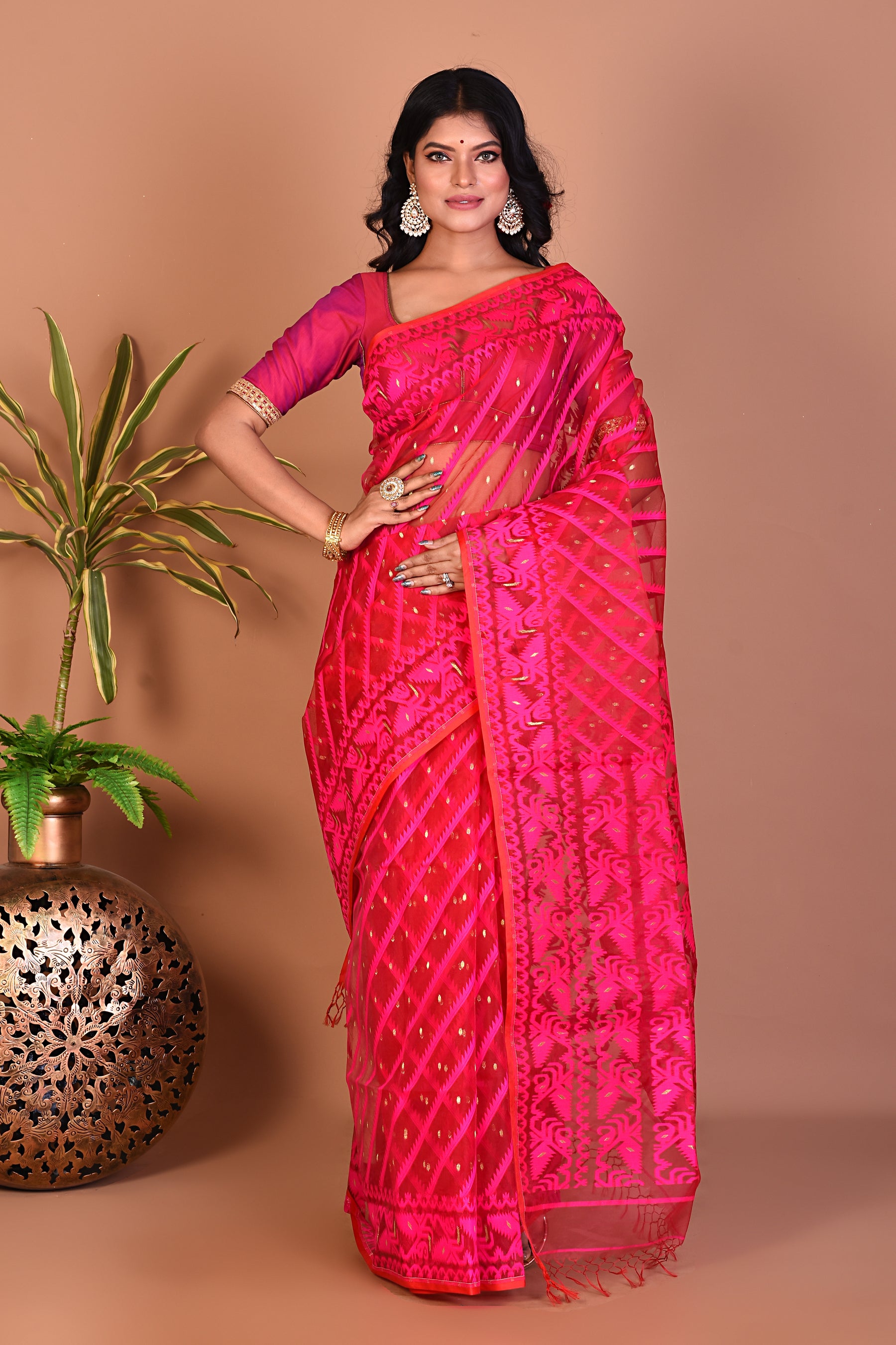 Deep Pink Jamdani Saree - Keya Seth Exclusive