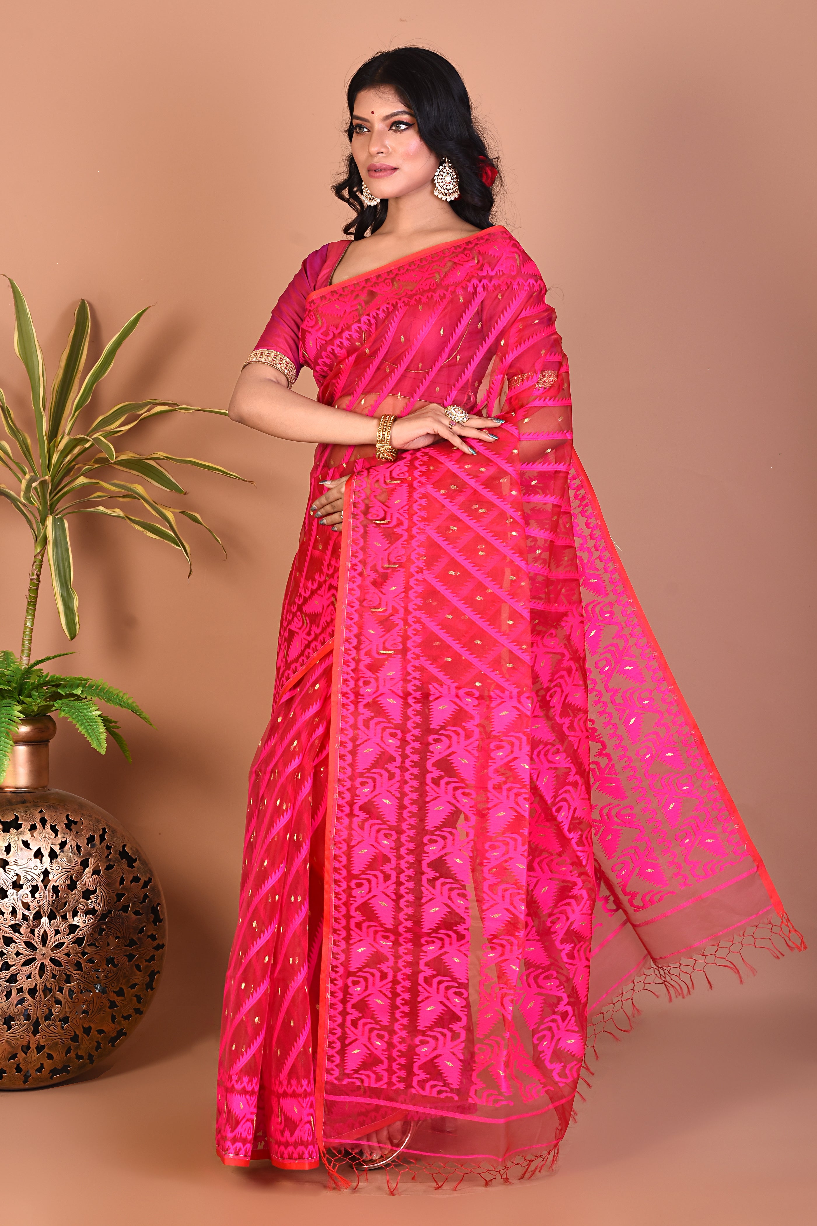 Deep Pink Jamdani Saree - Keya Seth Exclusive