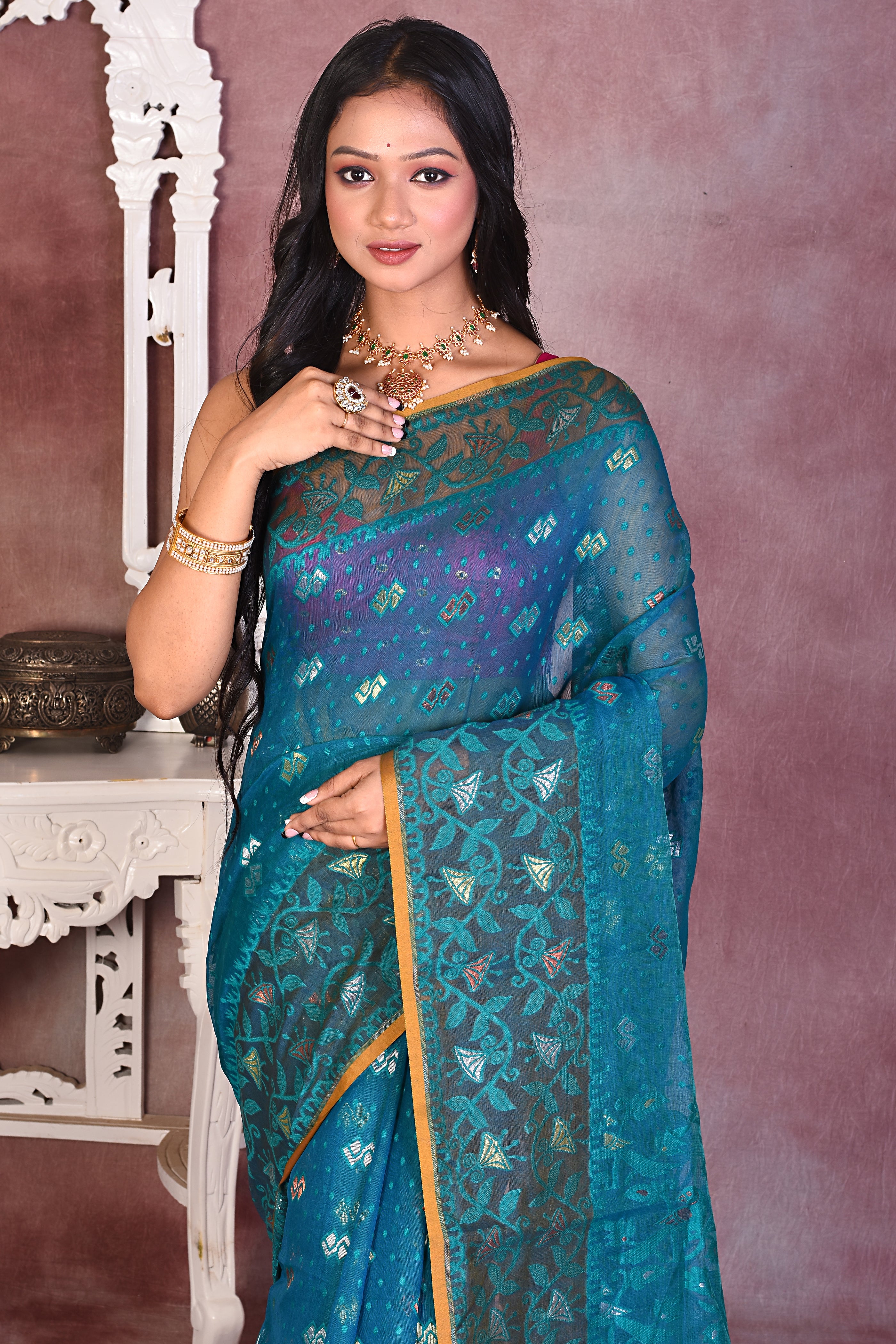 Bright Blue Soft Jamdani Saree - Keya Seth Exclusive