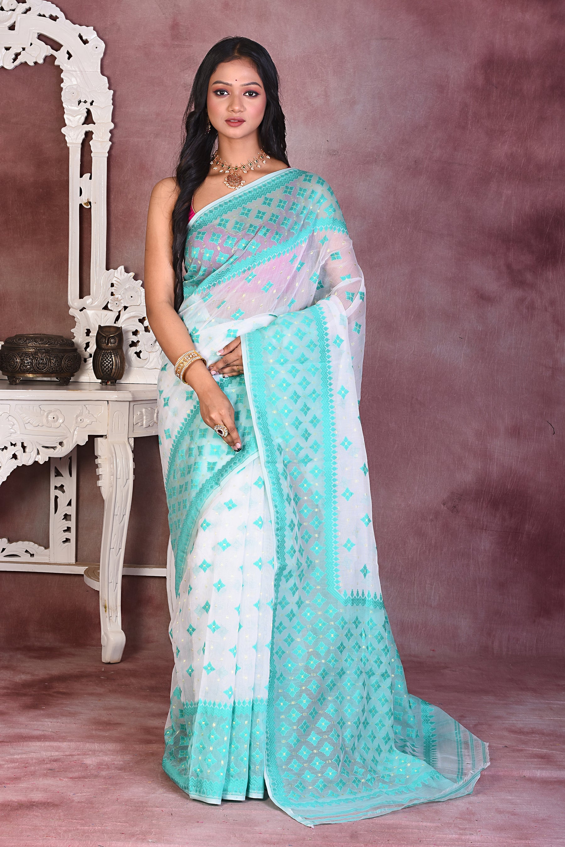 White & Sea Green Soft Jamdani Saree - Keya Seth Exclusive