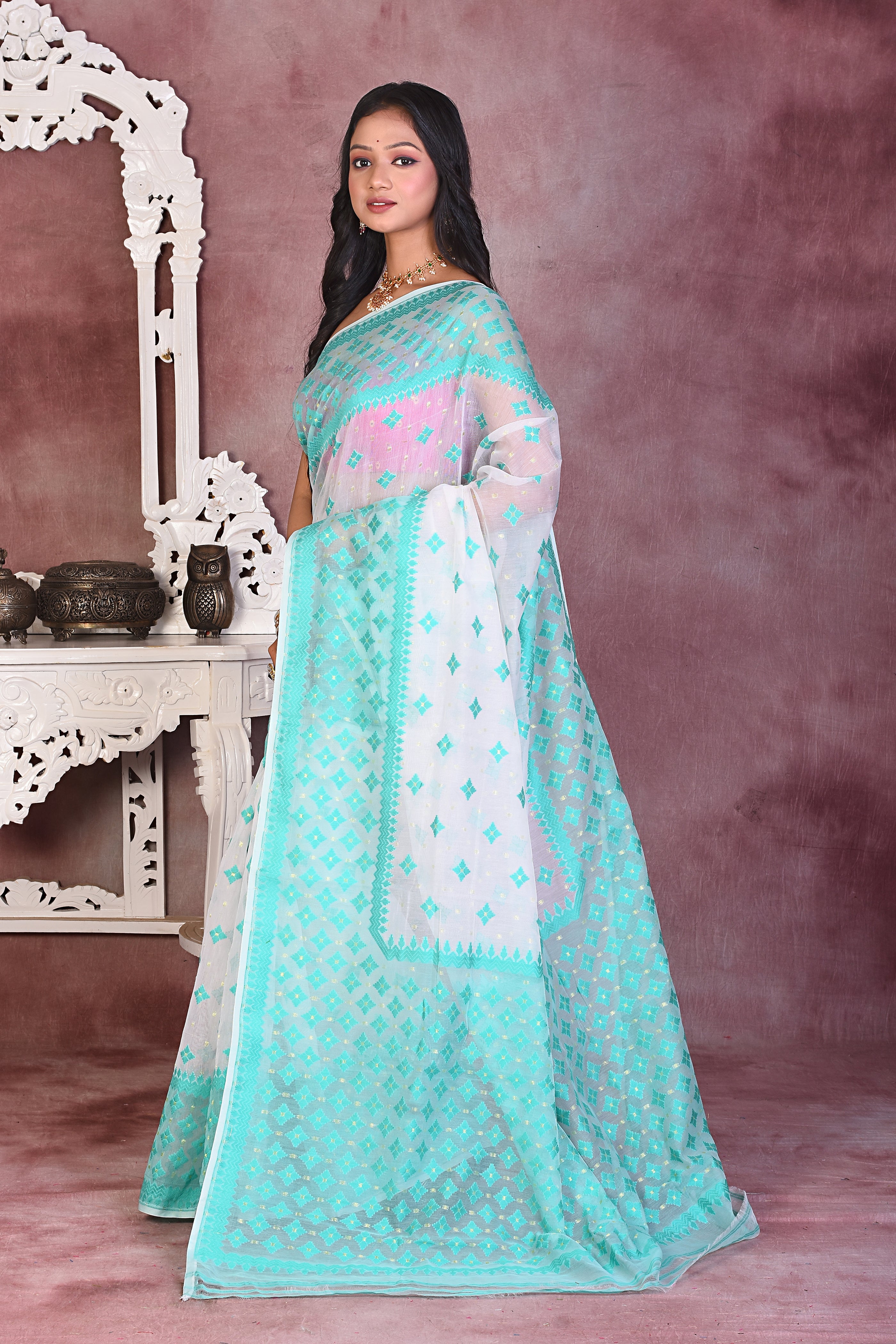 White & Sea Green Soft Jamdani Saree - Keya Seth Exclusive