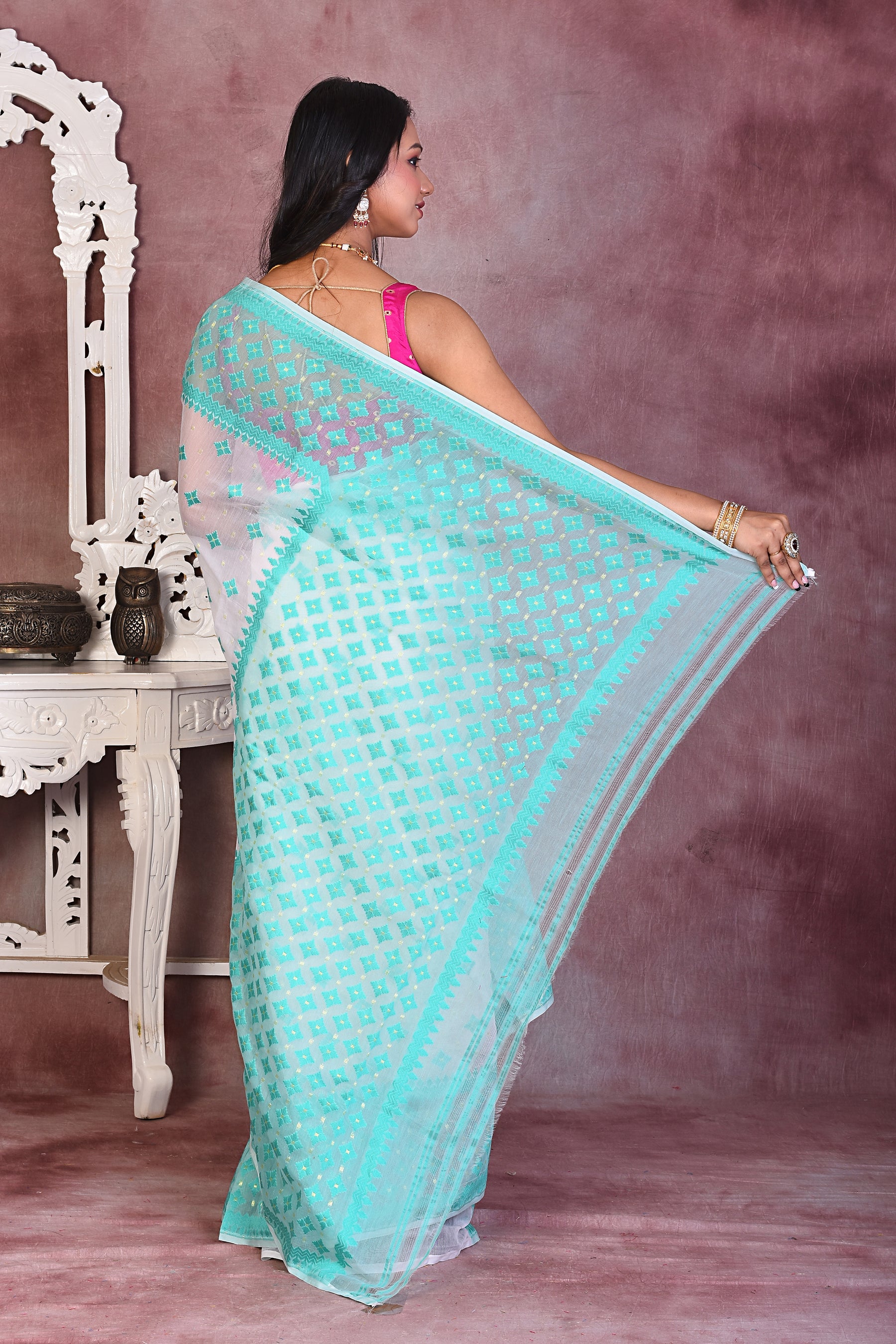 White & Sea Green Soft Jamdani Saree - Keya Seth Exclusive