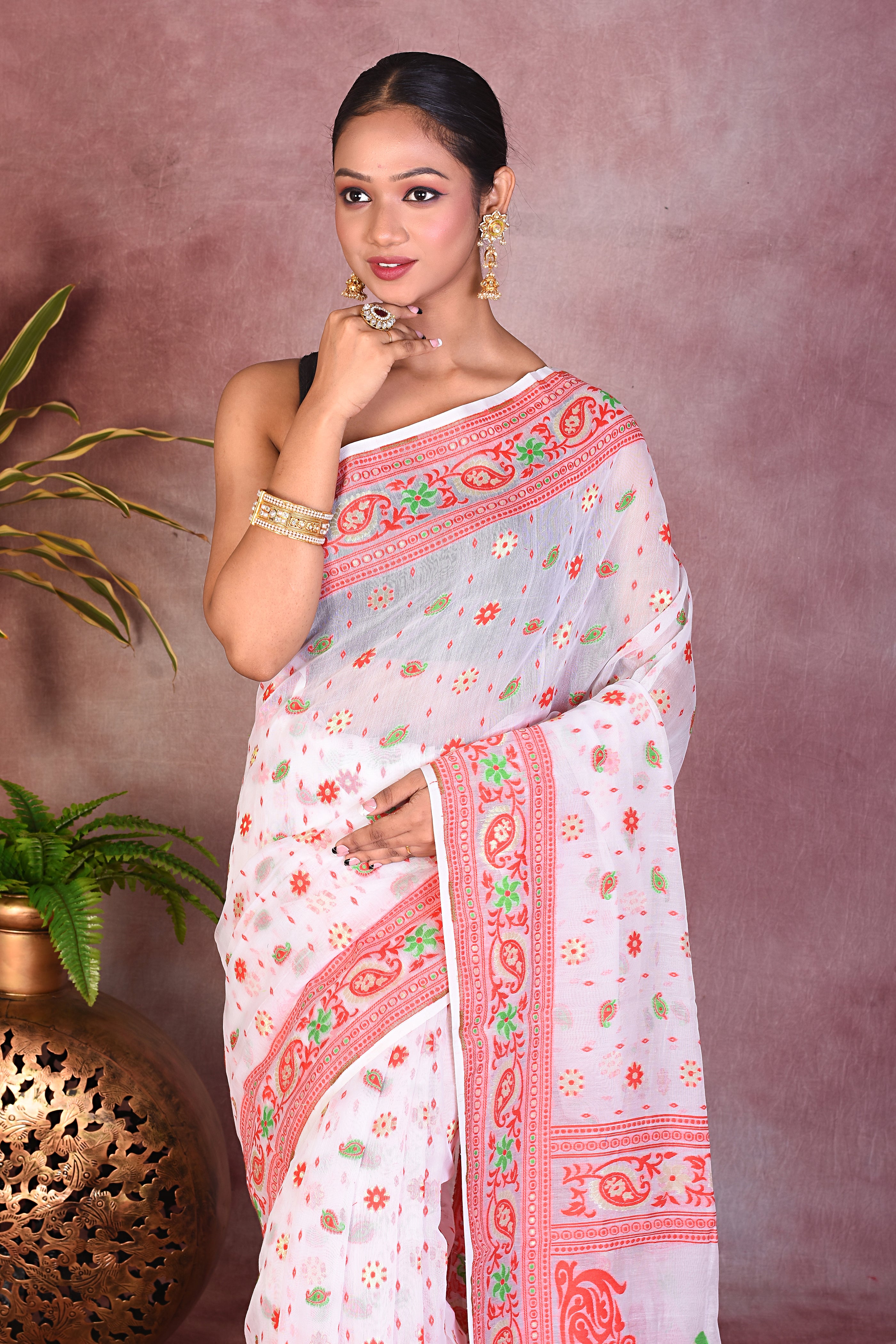 White and Red Jamdani Saree - Keya Seth Exclusive