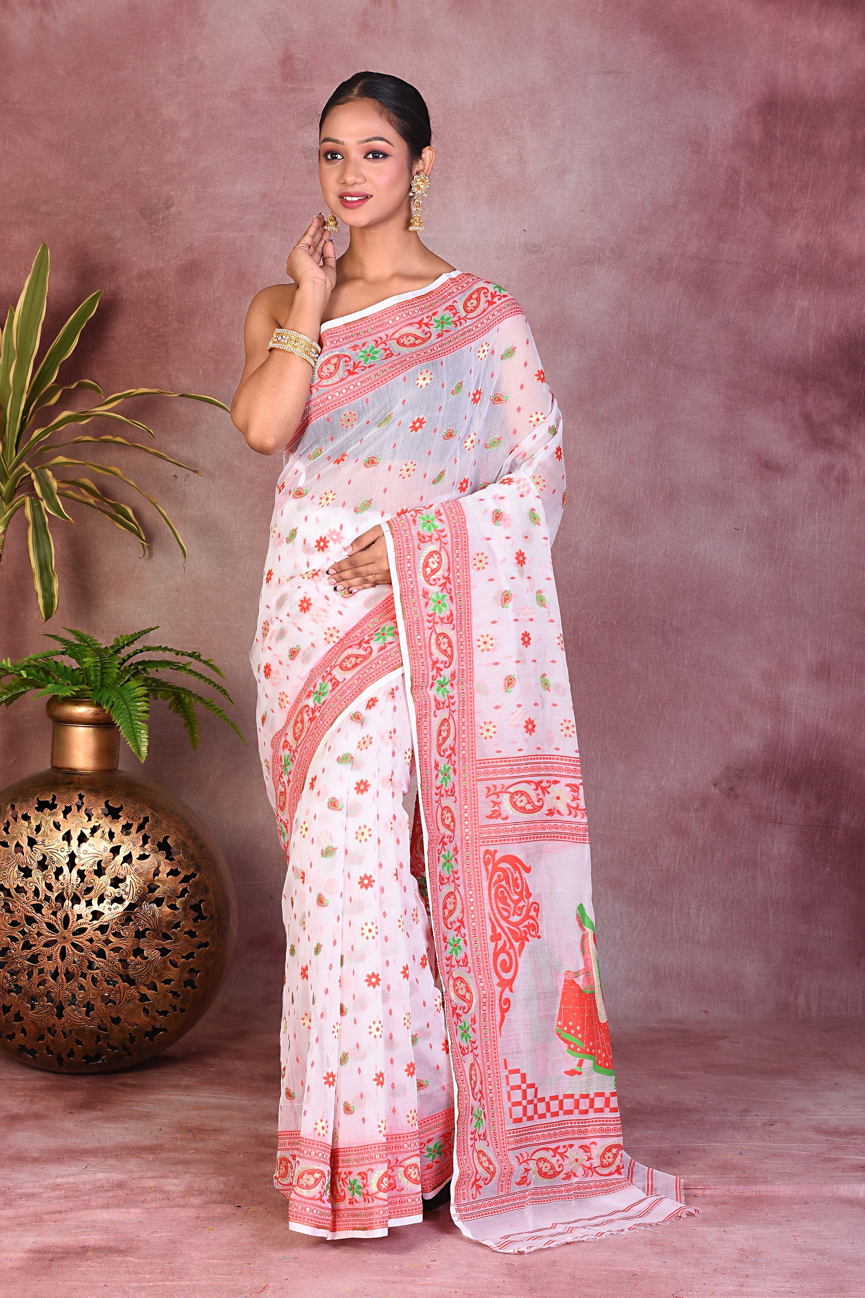 White and Red Jamdani Saree - Keya Seth Exclusive