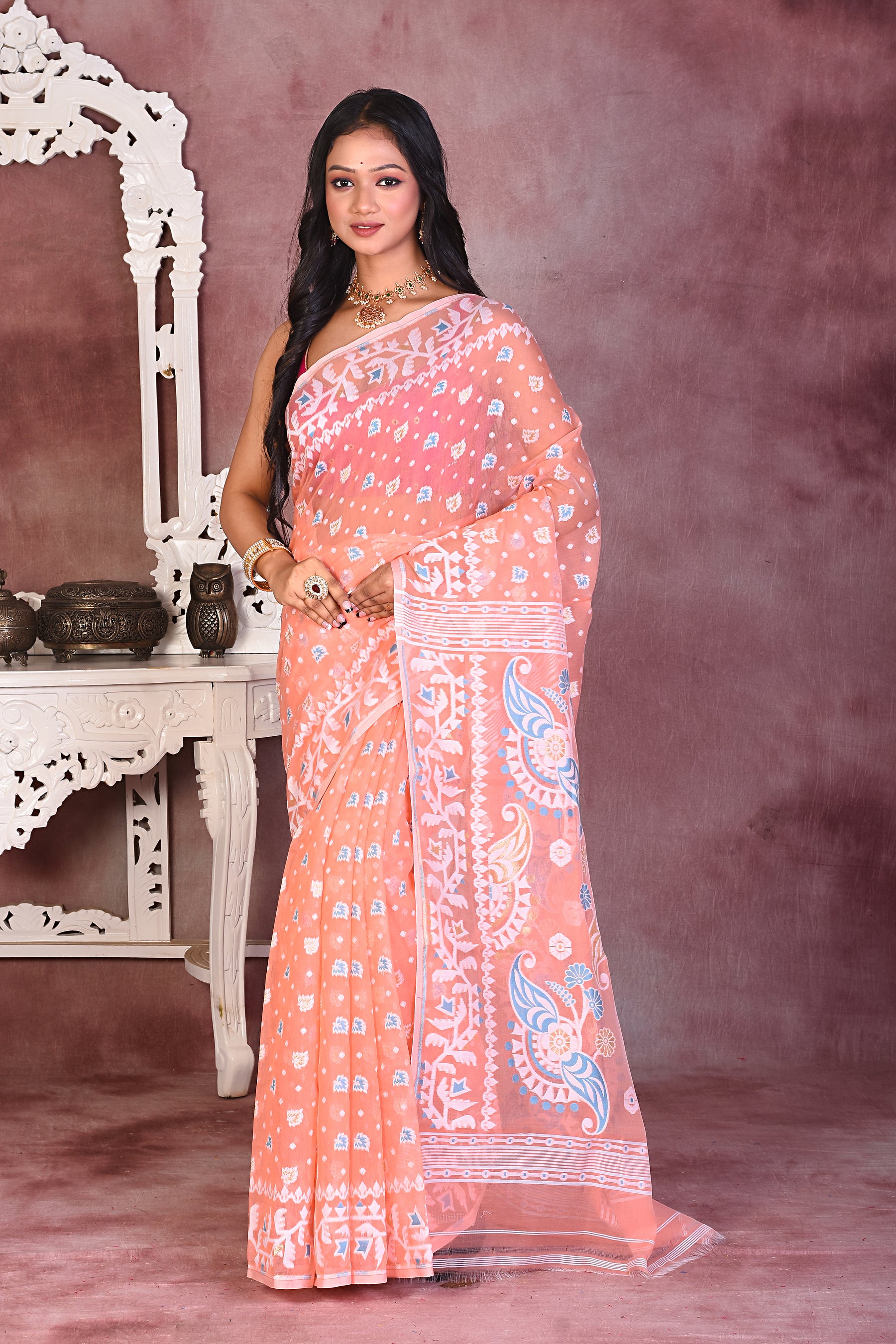 Peach Soft Jamdani Saree - Keya Seth Exclusive