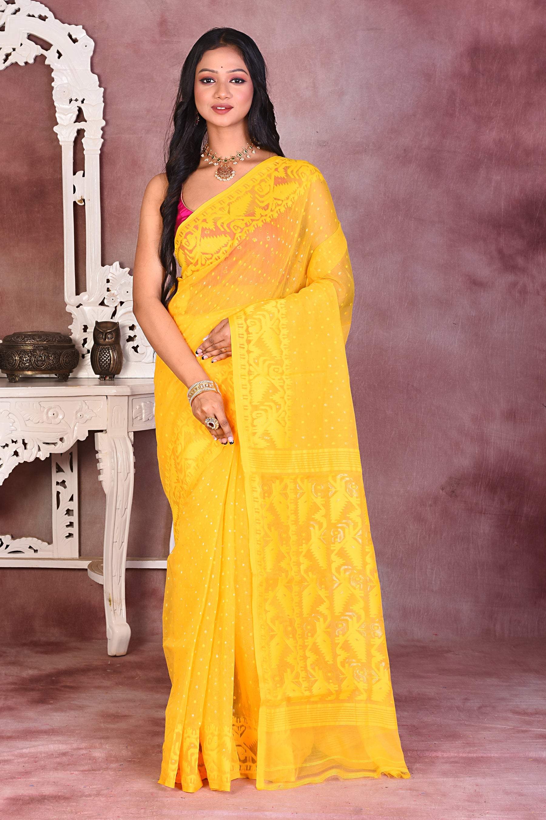 Bright Yellow Soft Jamdani Saree - Keya Seth Exclusive