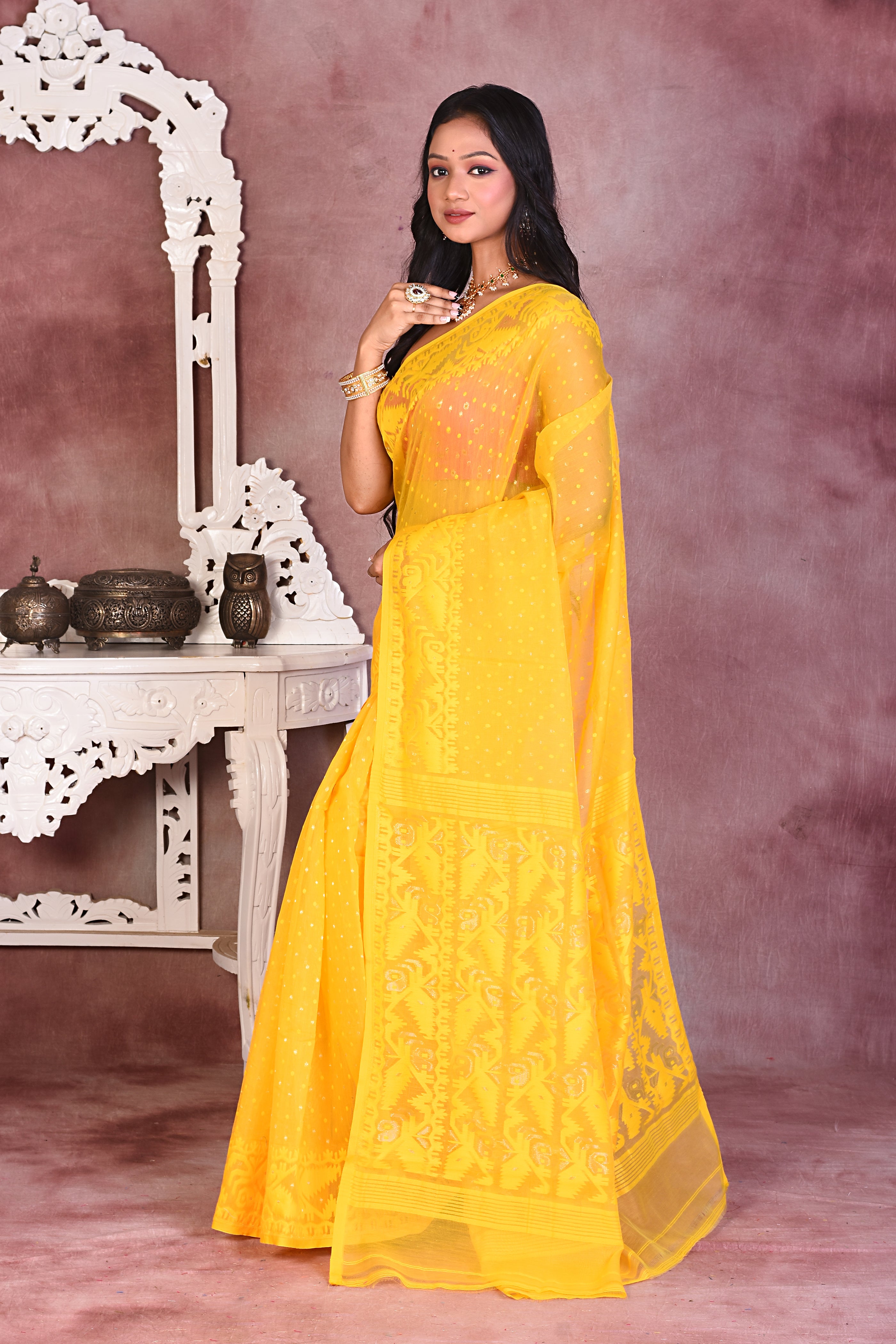 Bright Yellow Soft Jamdani Saree - Keya Seth Exclusive