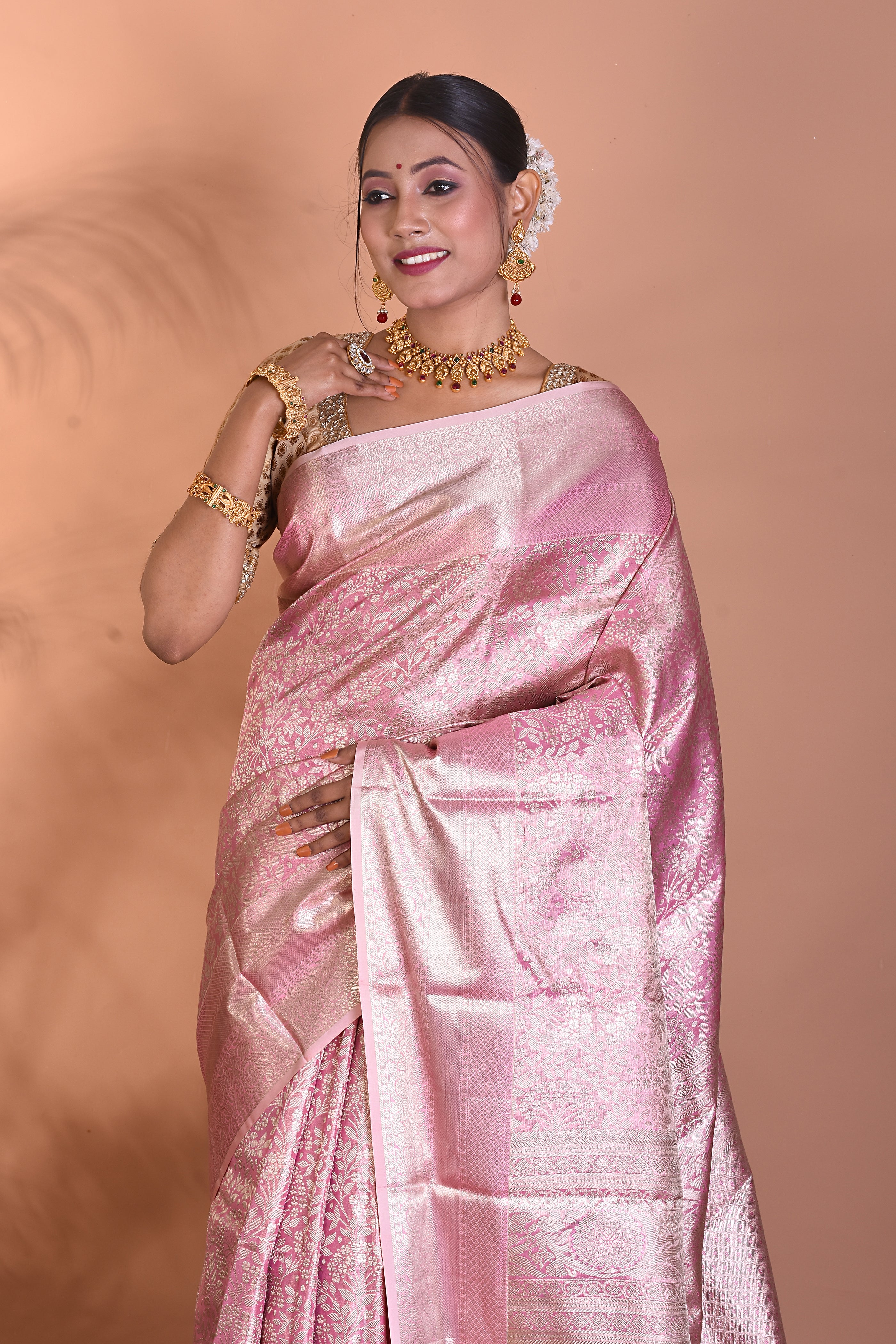 Elegant Light Peach Pure Kanjivaram Saree - Keya Seth Exclusive