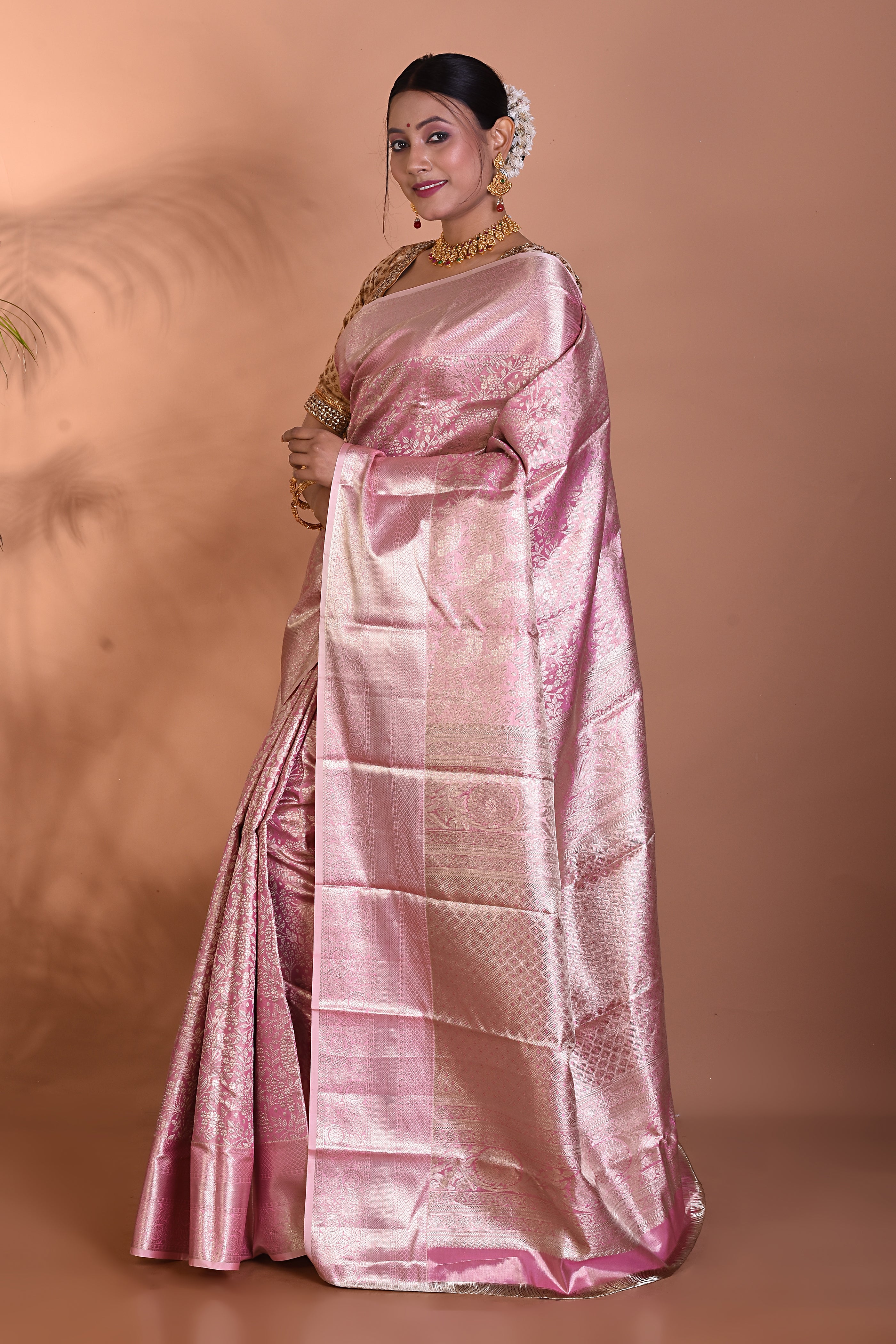 Elegant Light Peach Pure Kanjivaram Saree - Keya Seth Exclusive