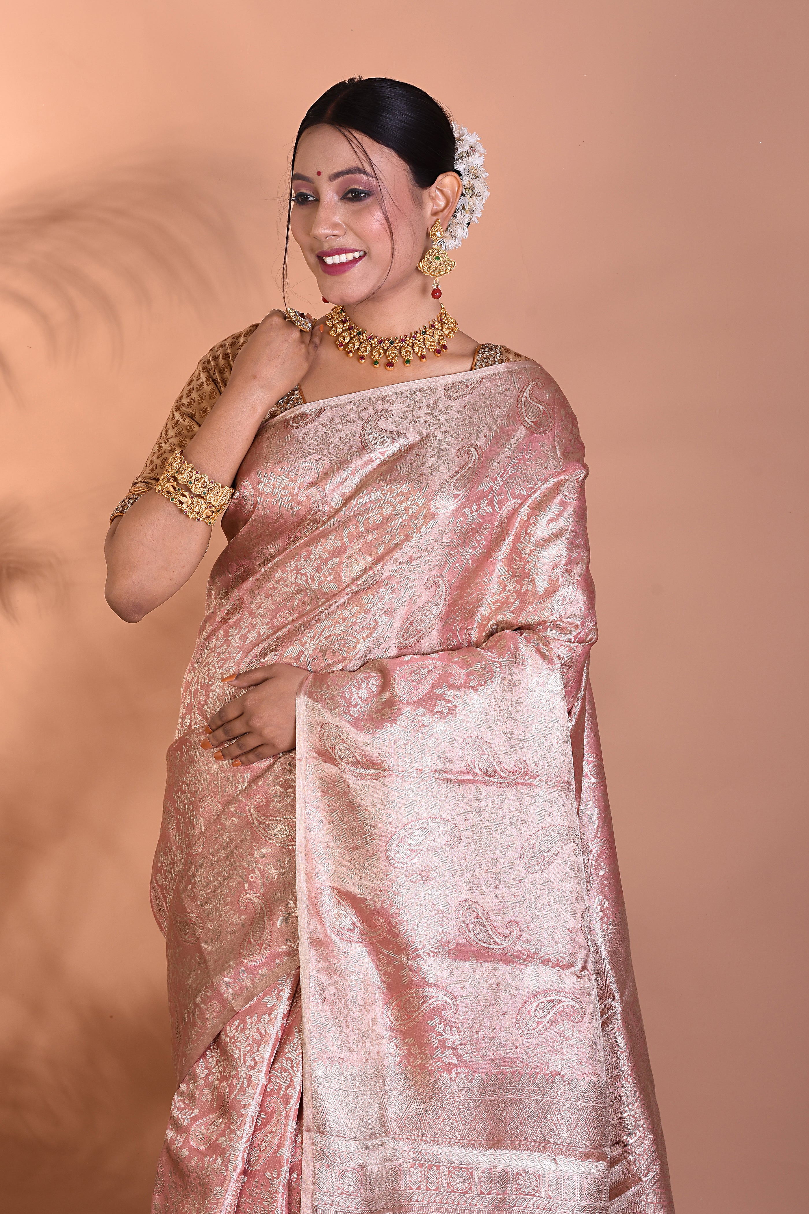 Elegant Light Peach Pure Kanjivaram Saree - Keya Seth Exclusive