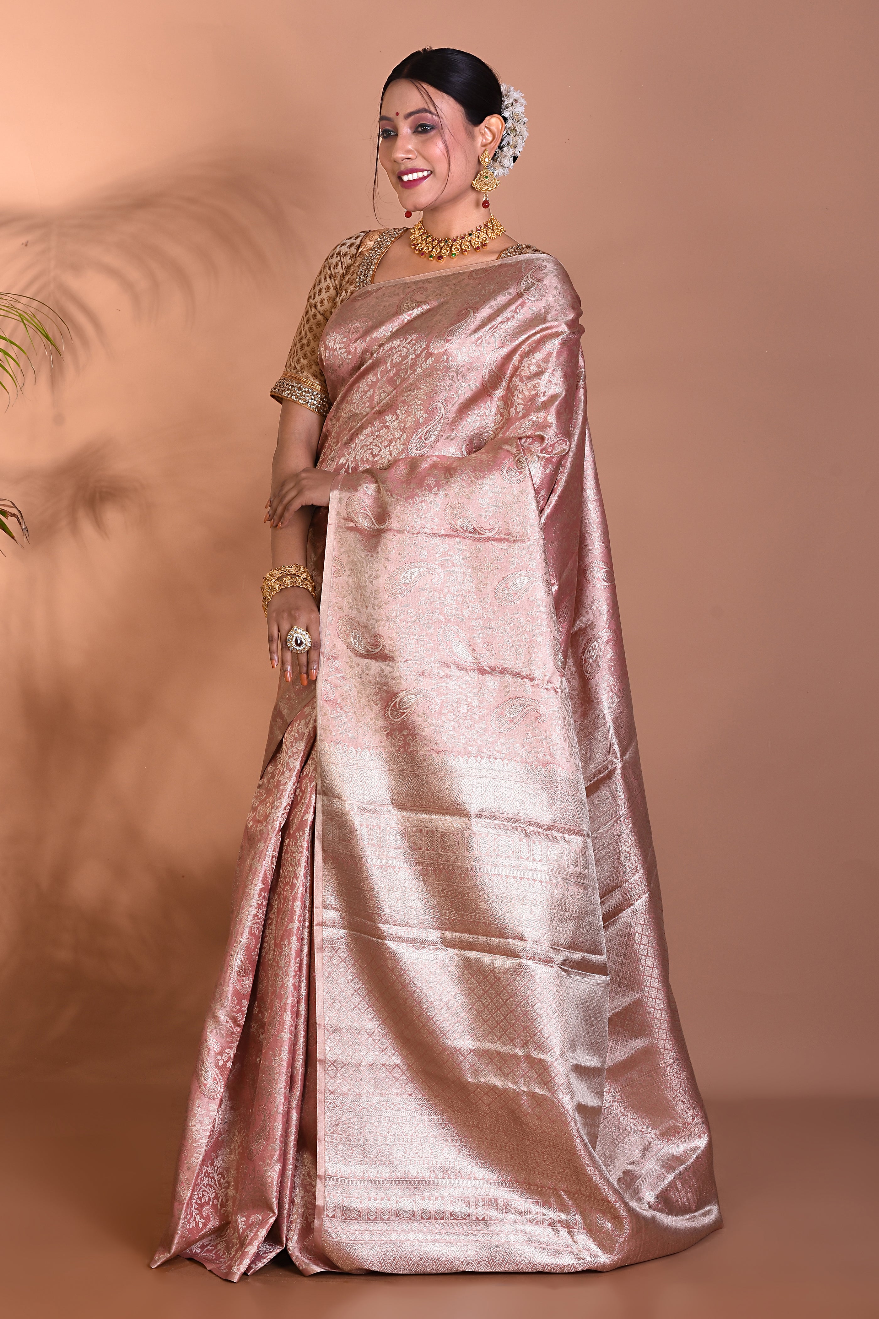 Elegant Light Peach Pure Kanjivaram Saree - Keya Seth Exclusive