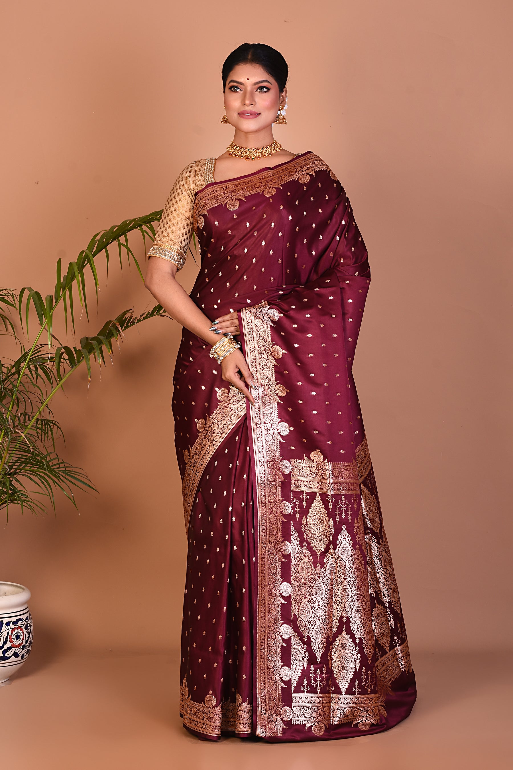 Lightweight Wine Banarasi Saree - Keya Seth Exclusive