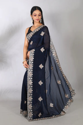 Navy Blue Blended Organza Saree - Keya Seth Exclusive