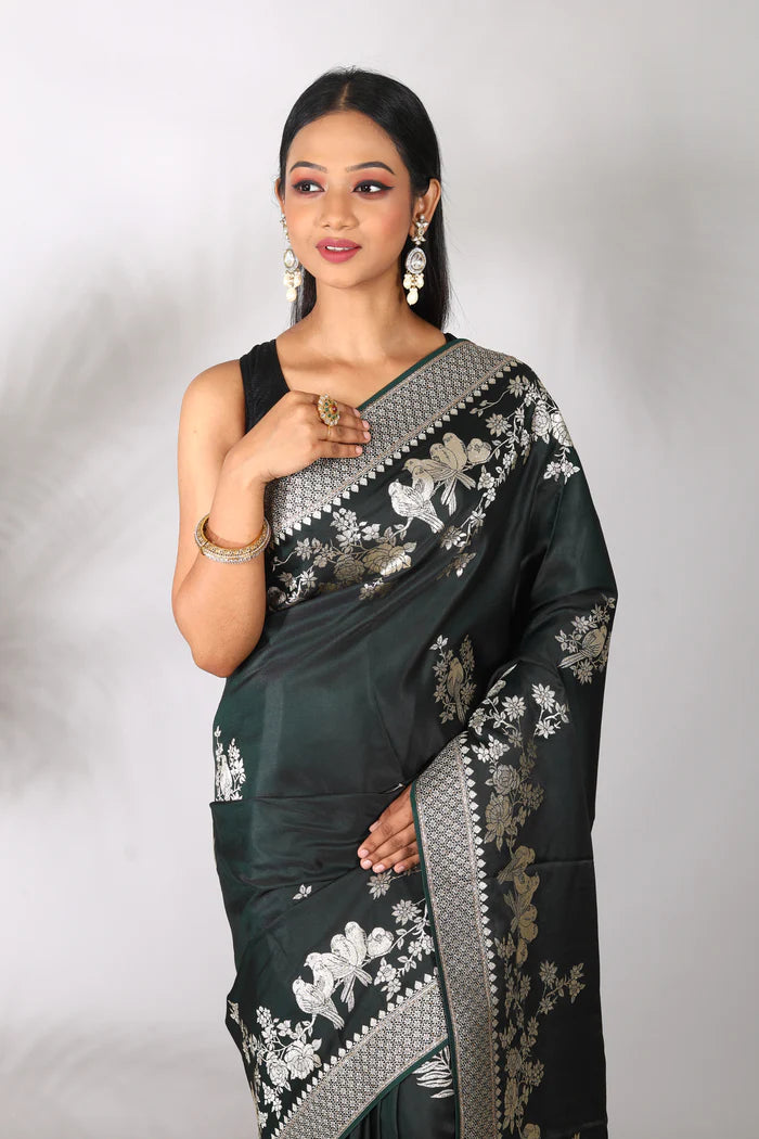 Deep Green Satin Silk Blended Saree - Keya Seth Exclusive