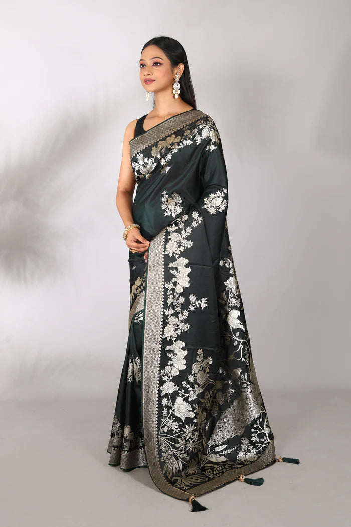 Deep Green Satin Silk Blended Saree - Keya Seth Exclusive